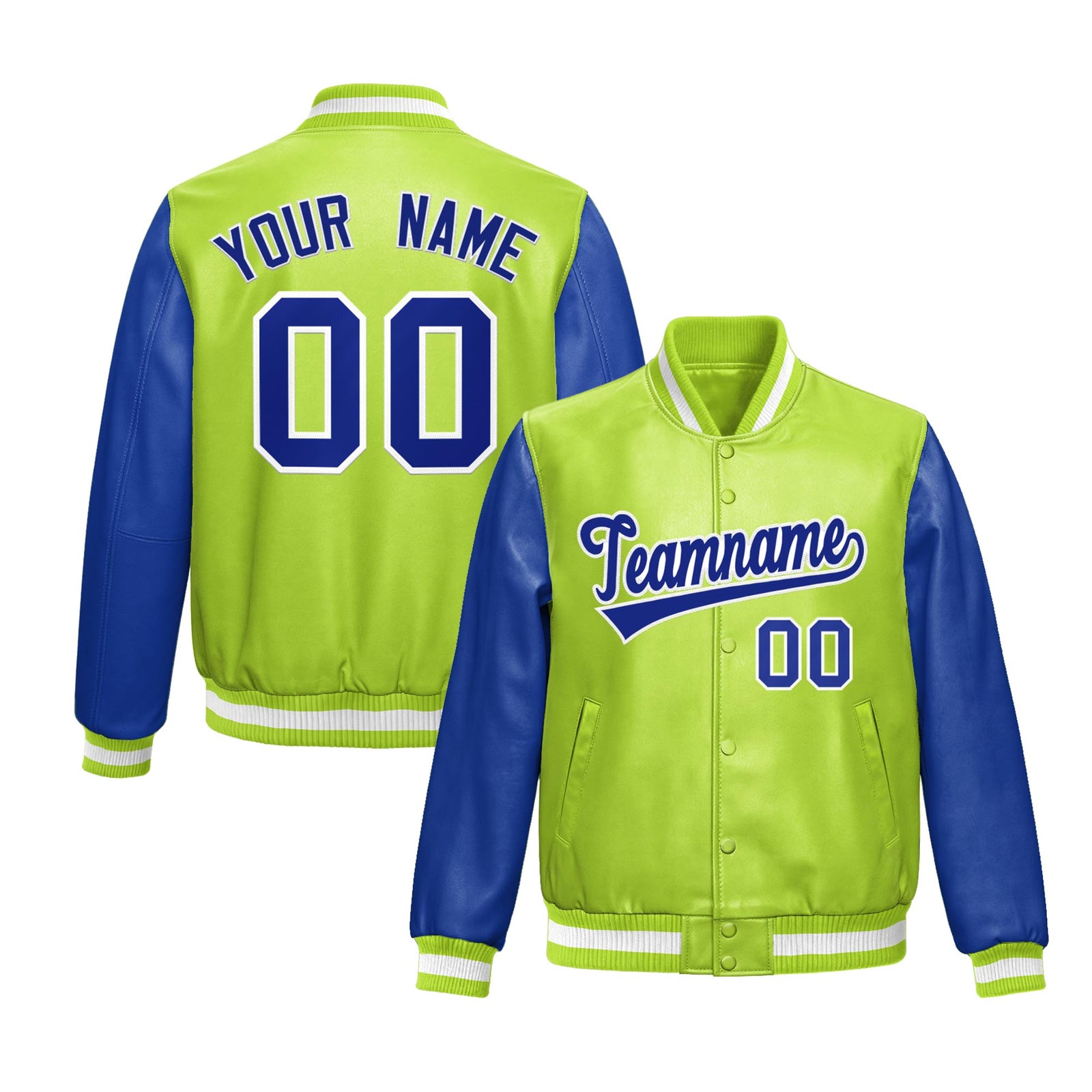 Custom Neon Green Royal Blue Raglan Sleeves Full-Snap Varsity Faux Leather Letterman Jacket| KXKSHOP