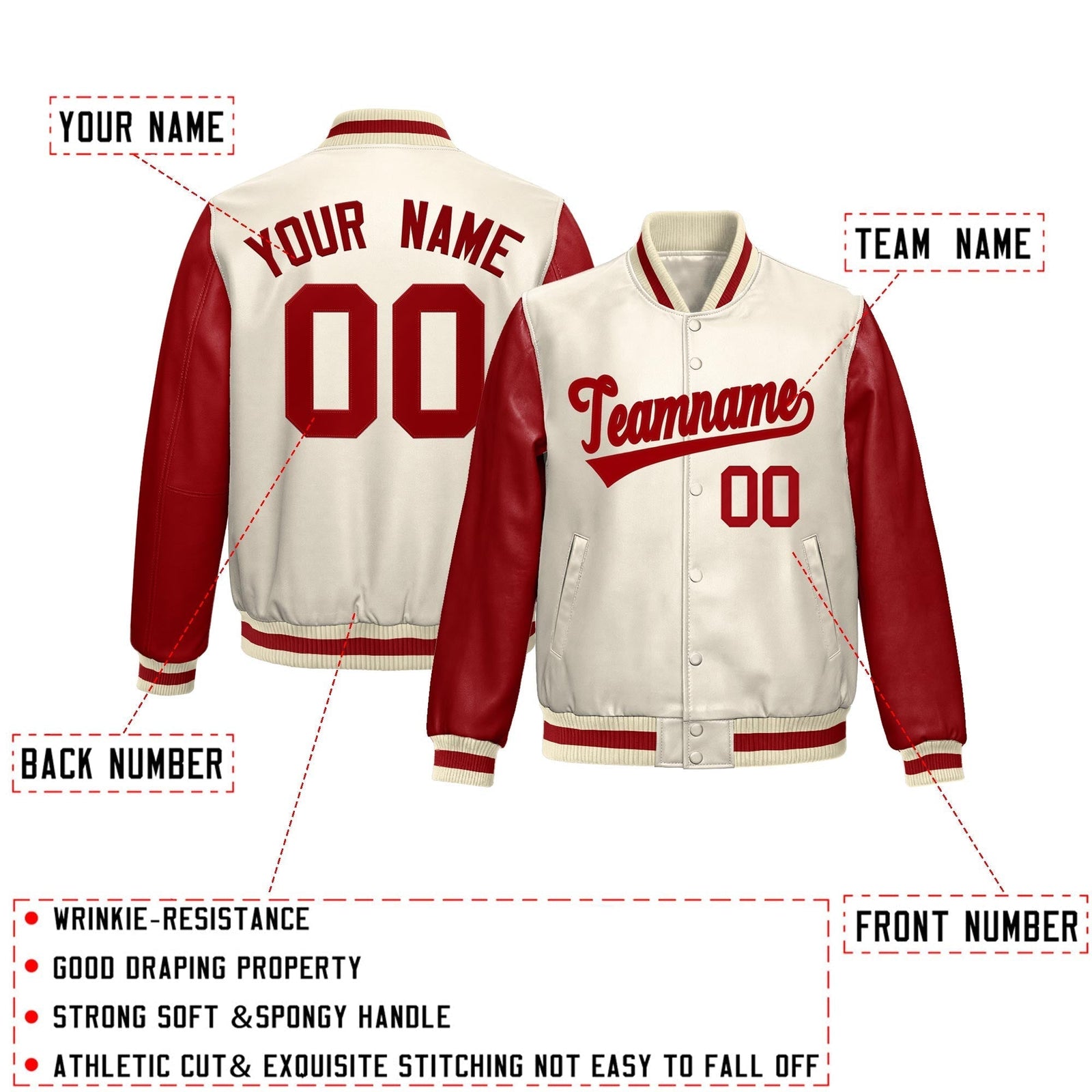 Custom Cream Red Raglan Sleeves Full-Snap Varsity Faux Leather Letterman Jacket| KXKSHOP