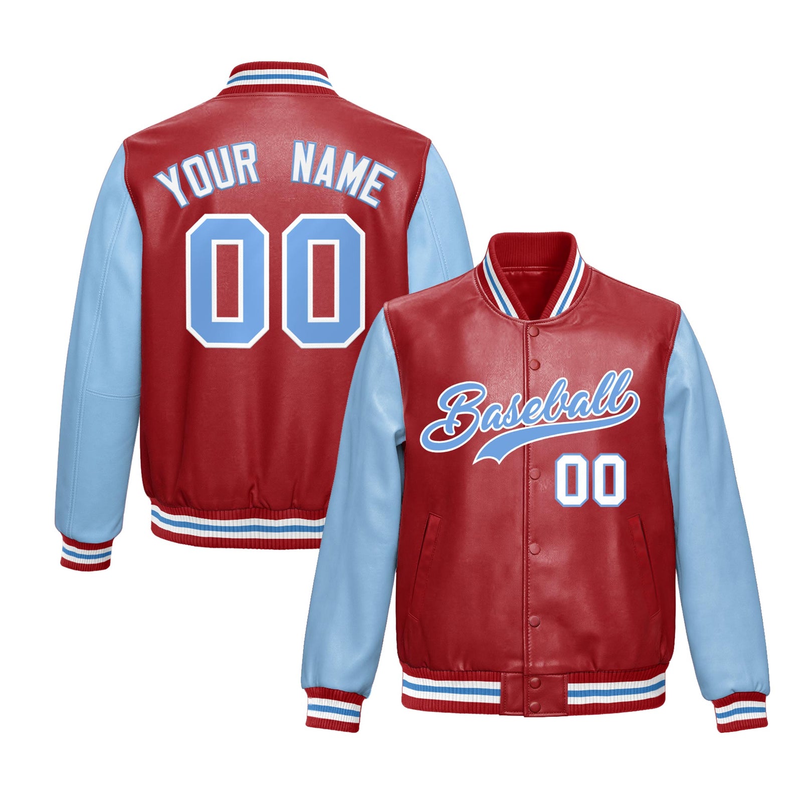 Custom Red Powder Blue Raglan Sleeves Full-Snap Varsity Faux Leather Letterman Jacket| KXKSHOP
