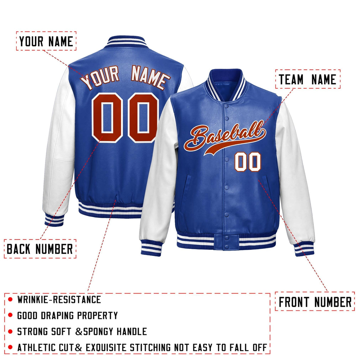 Custom Royal Blue White Dark Orange Raglan Sleeves Full-Snap Varsity Faux Leather Letterman Jacket| KXKSHOP