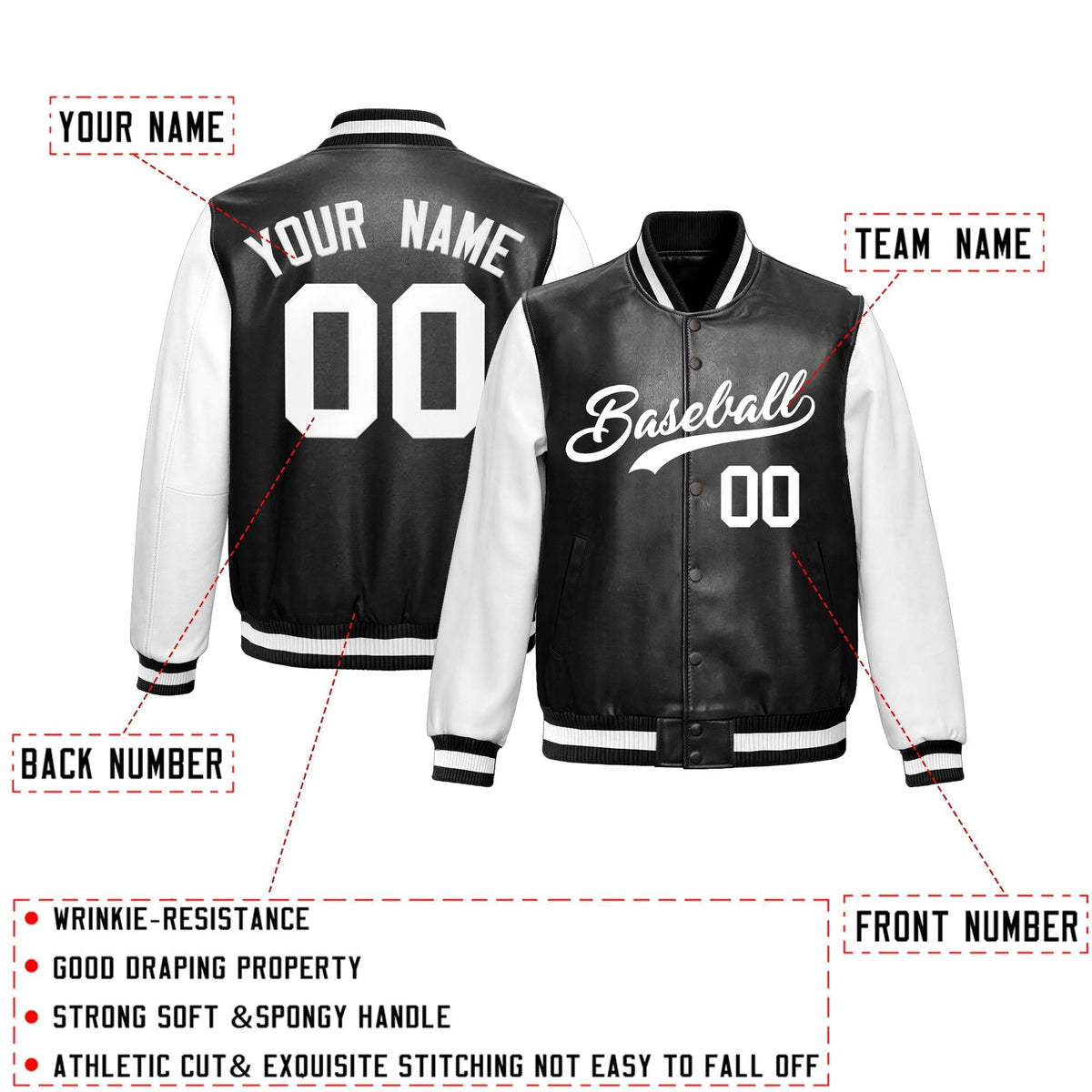 Custom Black White Raglan Sleeves Full-Snap Varsity Faux Leather Letterman Jacket| KXKSHOP