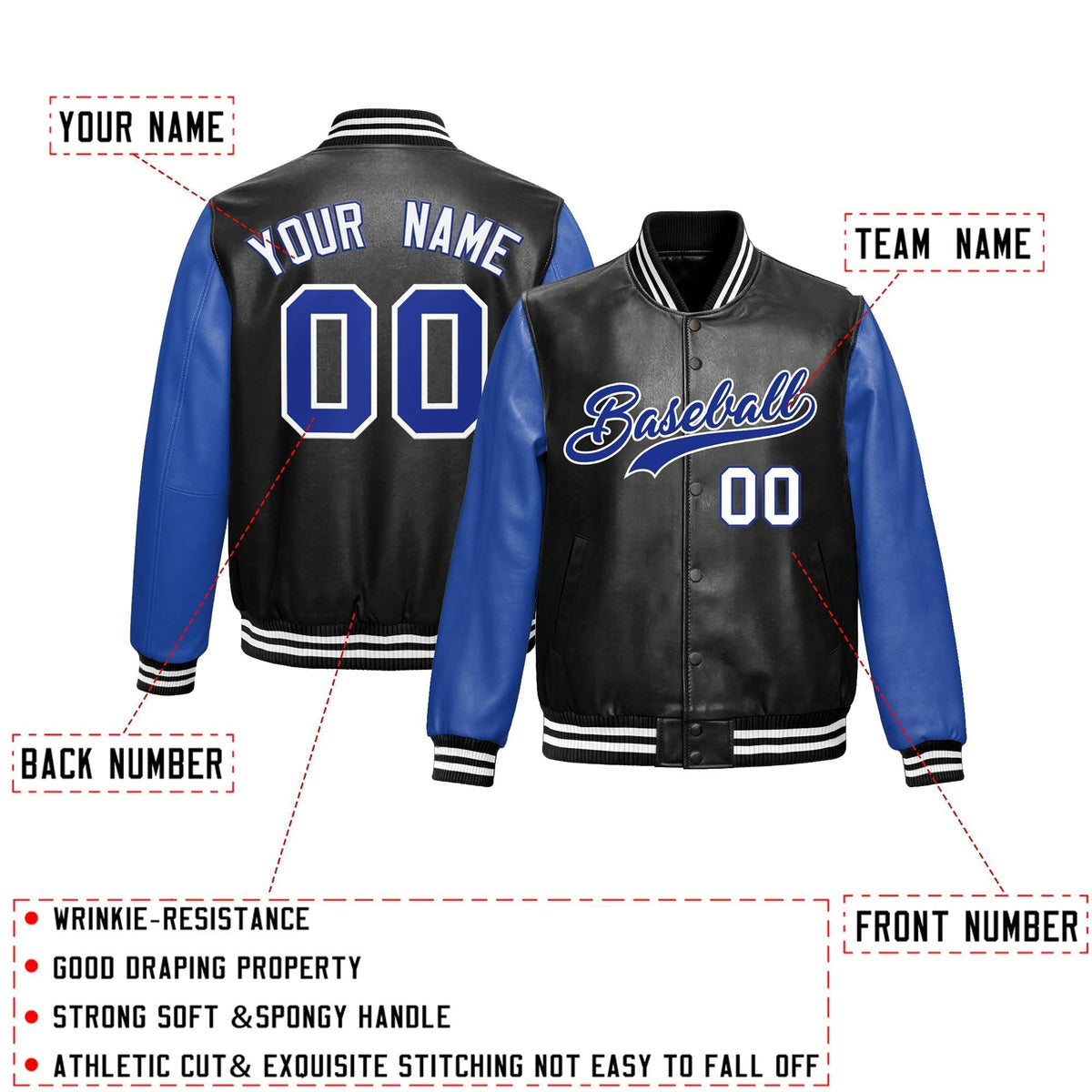 Custom Black Royal Blue Raglan Sleeves Full-Snap Varsity Faux Leather Letterman Jacket| KXKSHOP