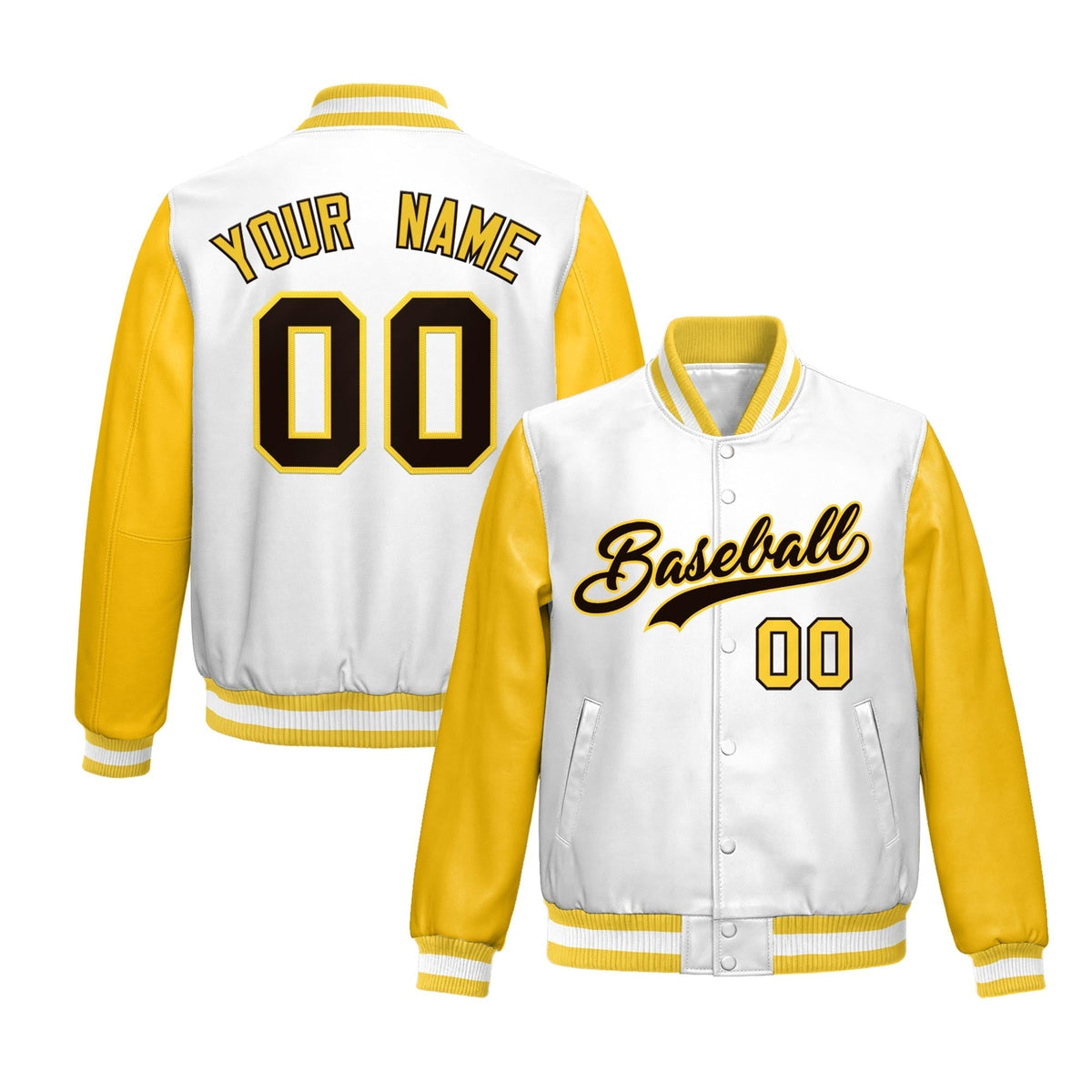 Custom White Yellow Raglan Sleeves Full-Snap Varsity Faux Leather Letterman Jacket| KXKSHOP