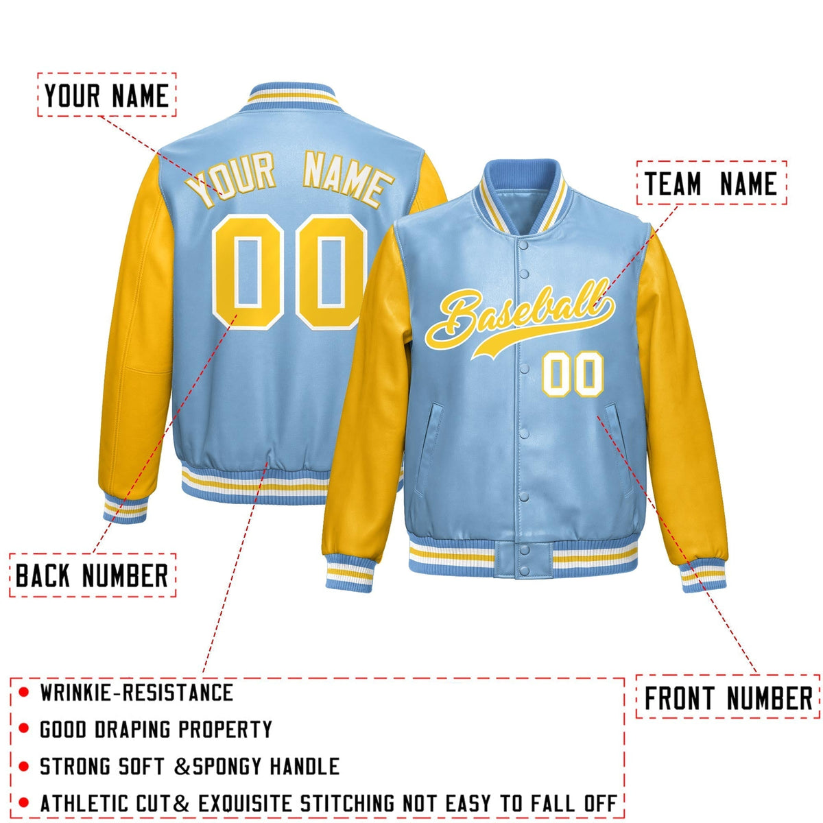 Custom Powder Blue Yellow Raglan Sleeves Full-Snap Varsity Faux Leather Letterman Jacket| KXKSHOP