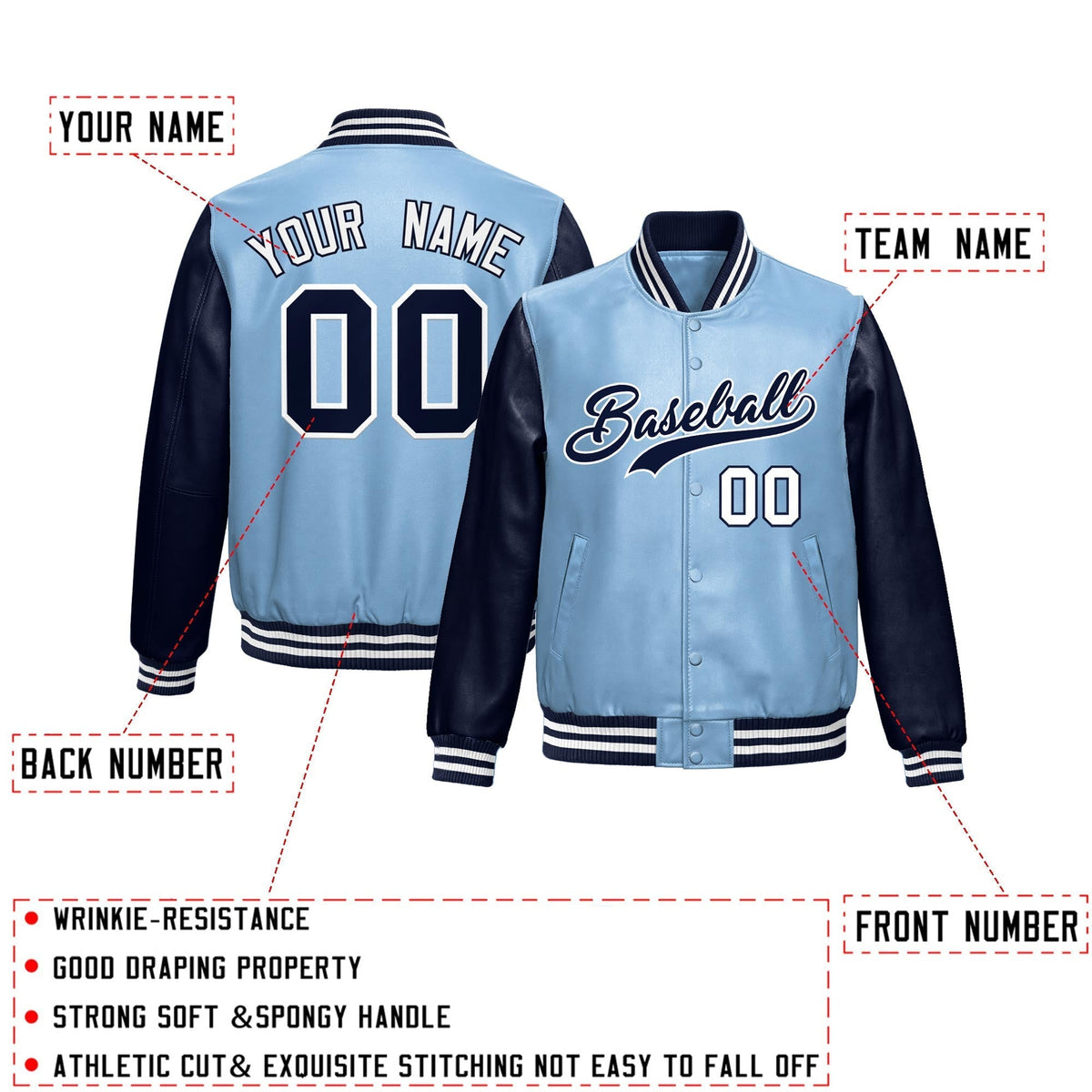 Custom Powder Blue Navy Raglan Sleeves Full-Snap Varsity Faux Leather Letterman Jacket| KXKSHOP