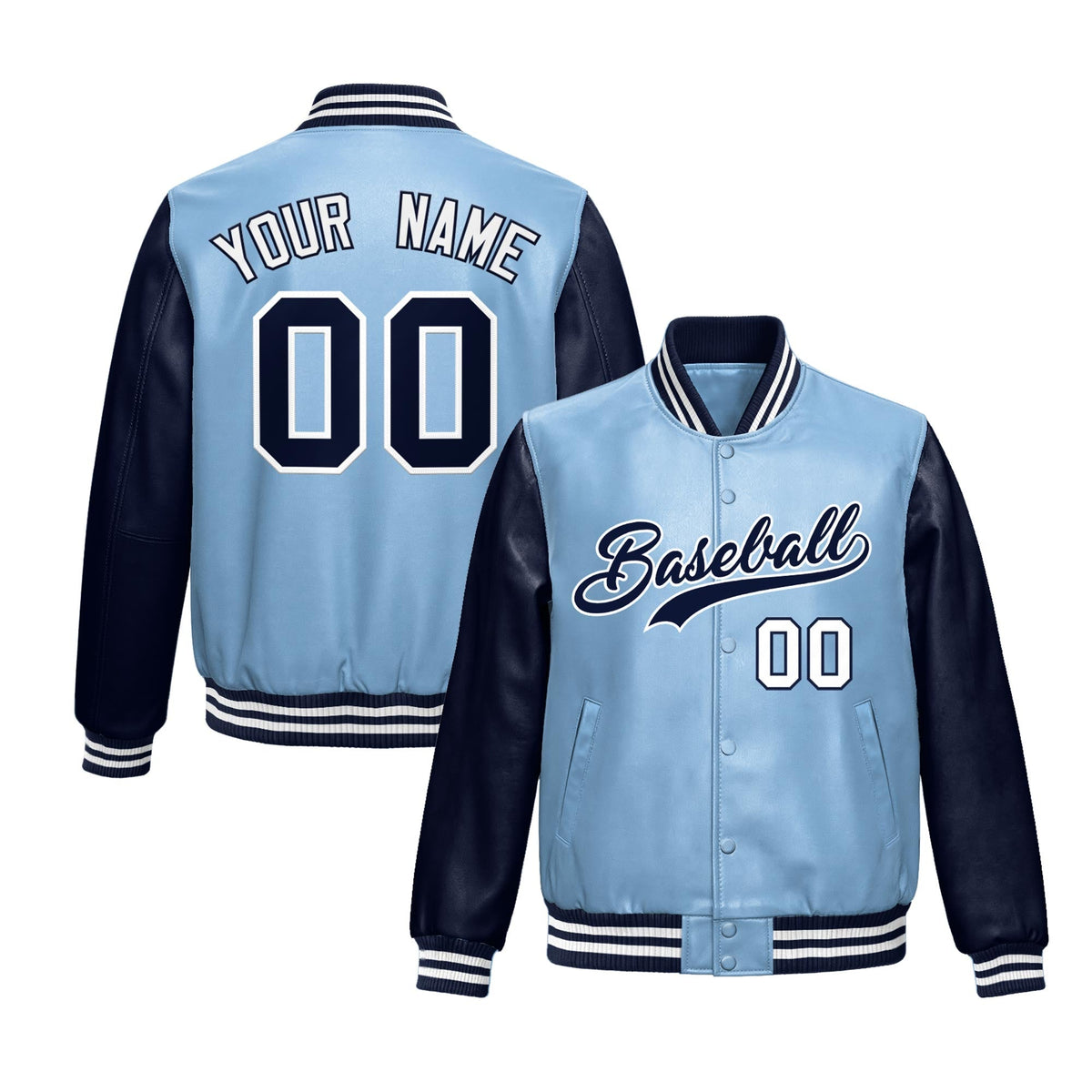 Custom Powder Blue Navy Raglan Sleeves Full-Snap Varsity Faux Leather Letterman Jacket| KXKSHOP
