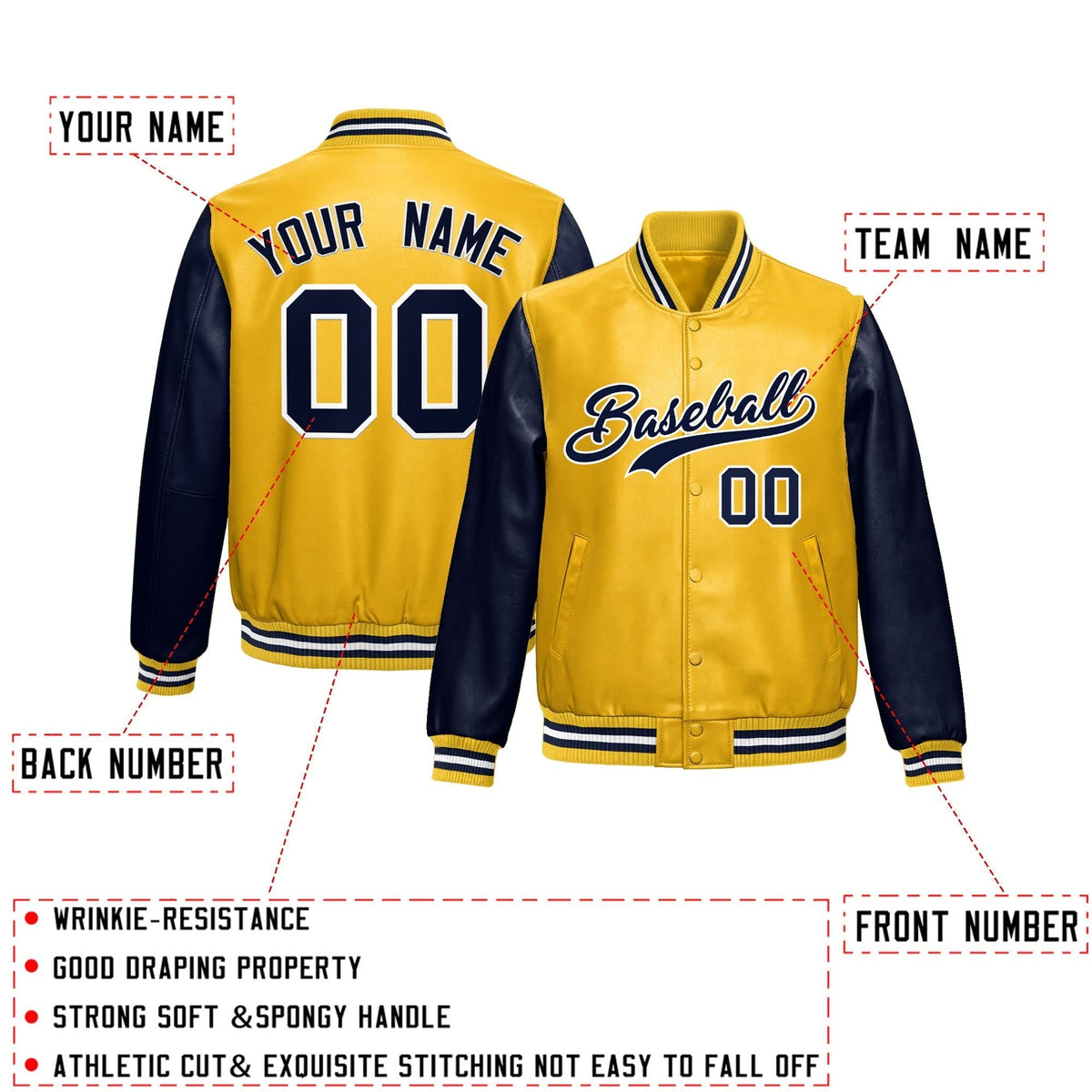Custom Yellow Navy Raglan Sleeves Full-Snap Varsity Faux Leather Letterman Jacket| KXKSHOP
