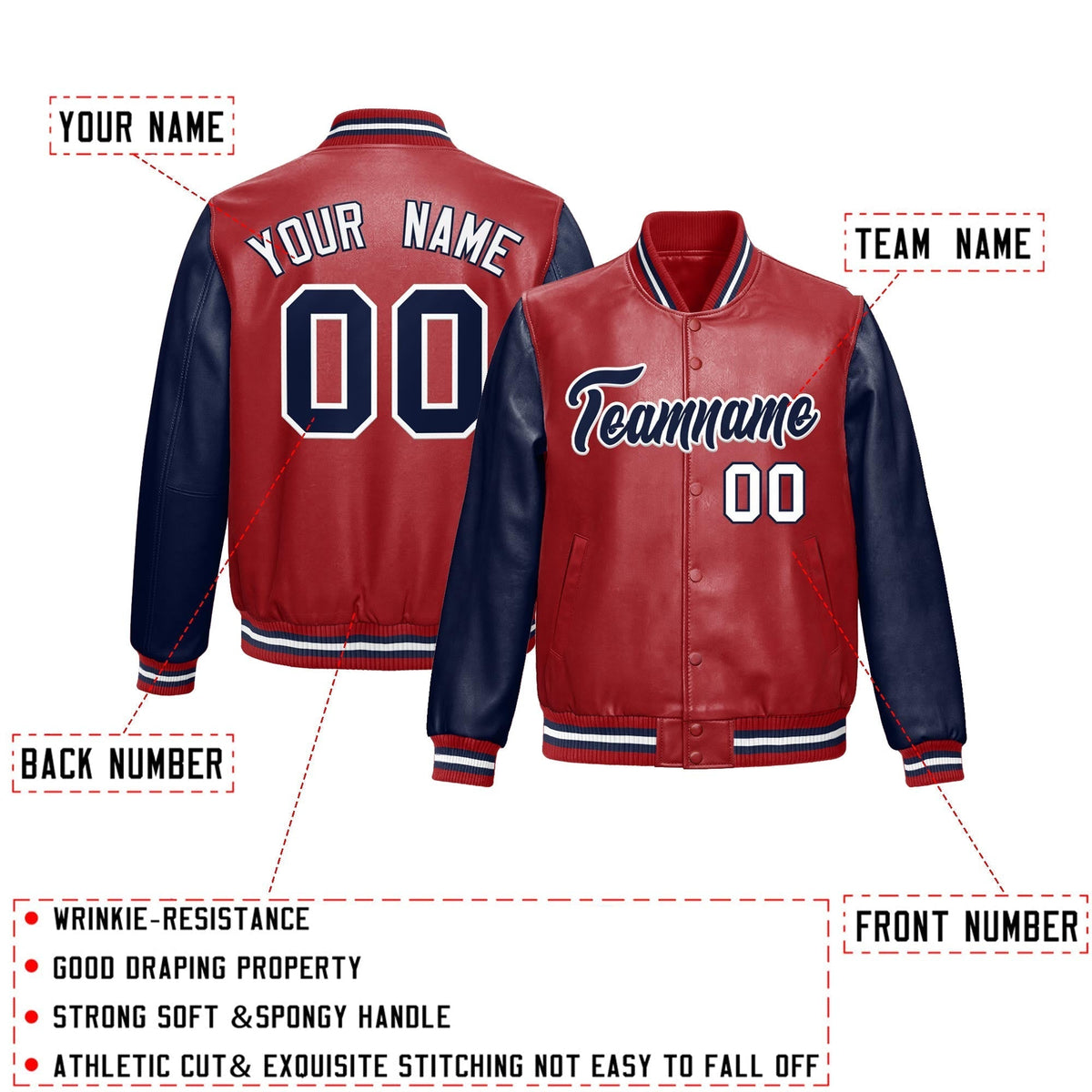 Custom Red Navy Raglan Sleeves Full-Snap Varsity Faux Leather Letterman Jacket| KXKSHOP