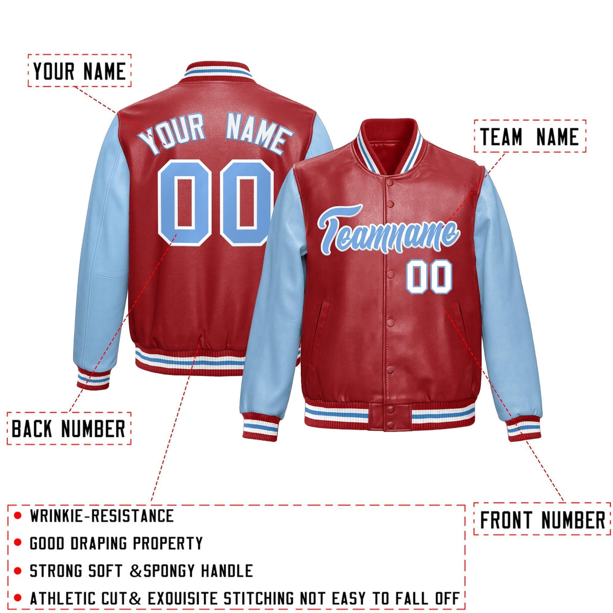 Custom Red Powder Blue Raglan Sleeves Full-Snap Varsity Faux Leather Letterman Jacket| KXKSHOP