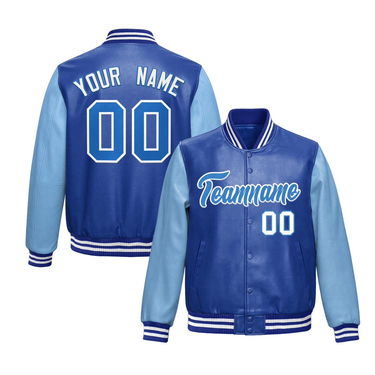 Custom Royal Blue Powder Blue Raglan Sleeves Full-Snap Varsity Faux Leather Letterman Jacket| KXKSHOP