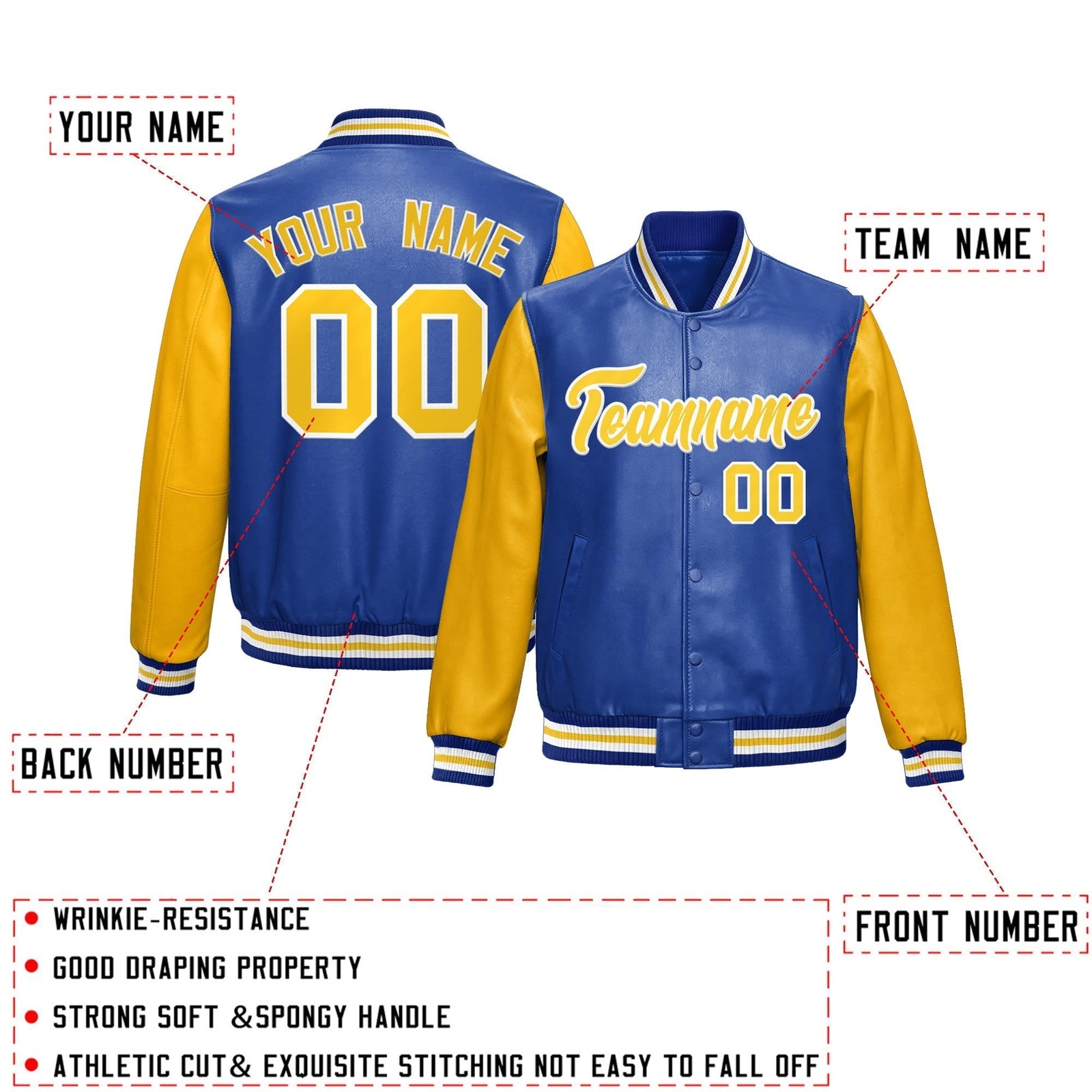 Custom Royal Blue Yellow Raglan Sleeves Full-Snap Varsity Faux Leather Letterman Jacket| KXKSHOP