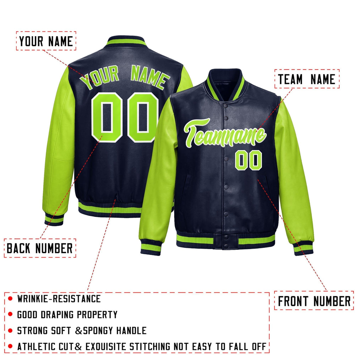 Custom Navy Neon Green Raglan Sleeves Full-Snap Varsity Faux Leather Letterman Jacket| KXKSHOP