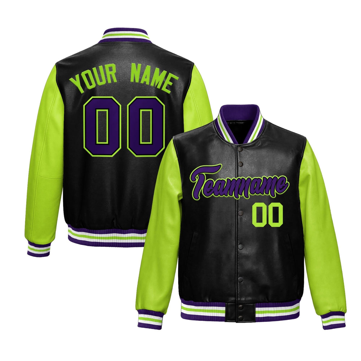 Custom Black Neon Green Raglan Sleeves Full-Snap Varsity Faux Leather Letterman Jacket| KXKSHOP