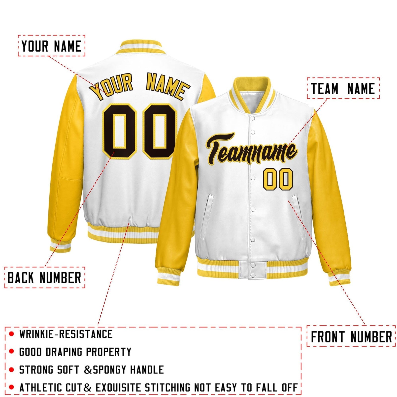 Custom White Yellow Raglan Sleeves Full-Snap Varsity Faux Leather Letterman Jacket| KXKSHOP