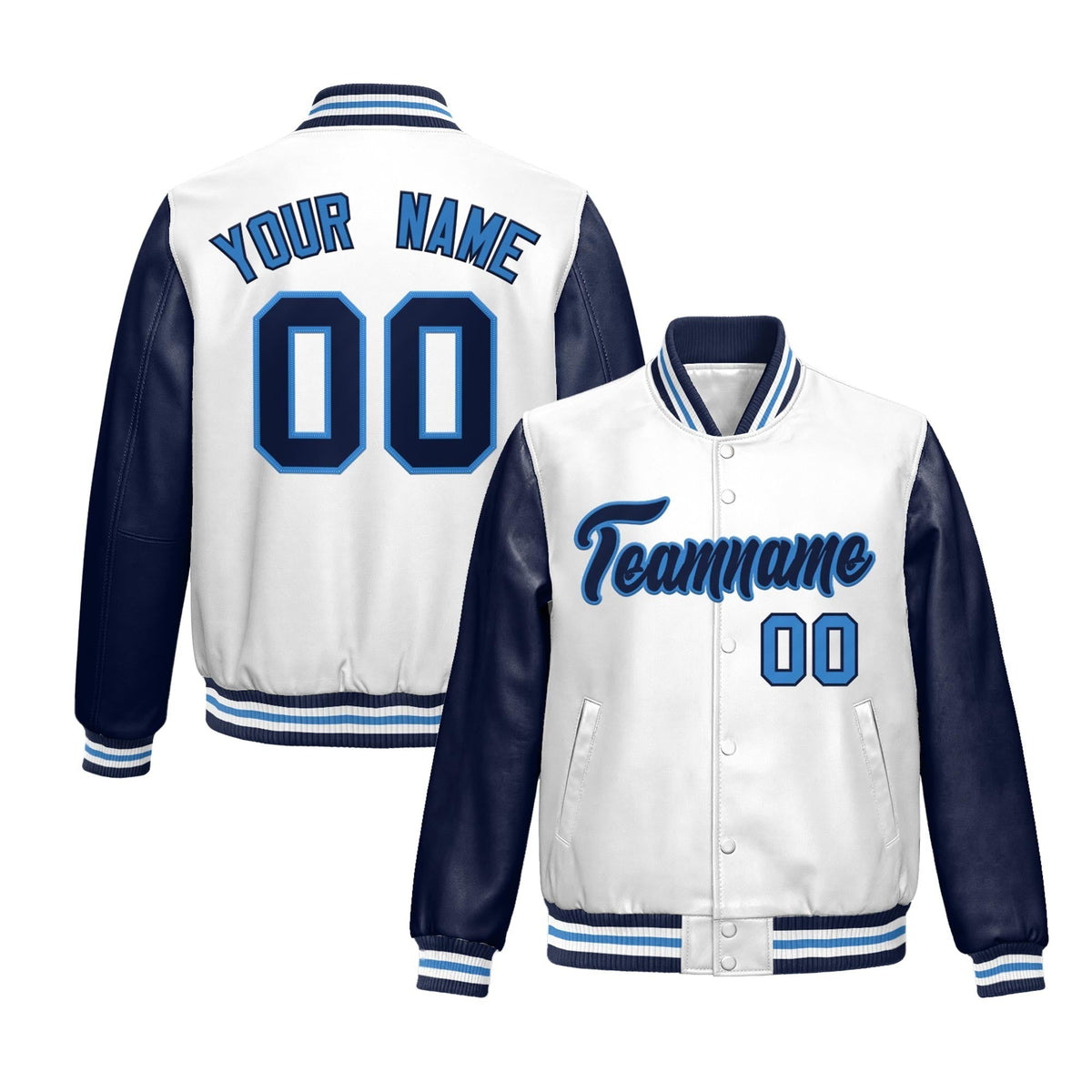 Custom White Navy Light Blue Raglan Sleeves Full-Snap Varsity Faux Leather Letterman Jacket| KXKSHOP