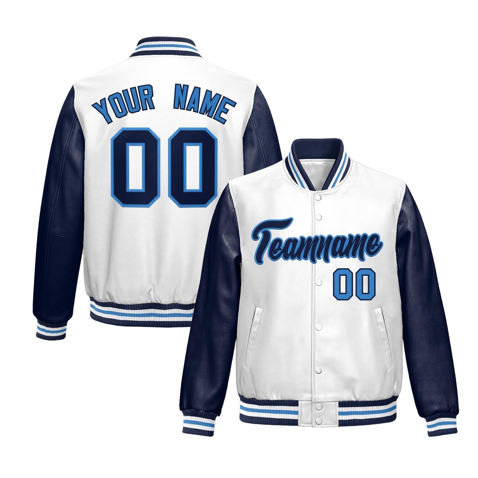 Custom White Navy Light Blue Raglan Sleeves Full-Snap Varsity Faux Leather Letterman Jacket| KXKSHOP