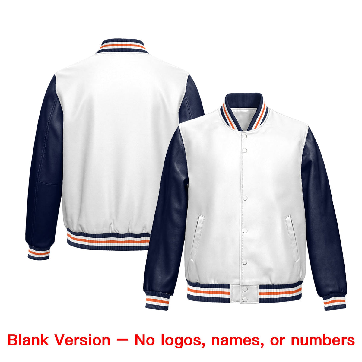 Custom White Navy Raglan Sleeves Full-Snap Varsity Faux Leather Letterman Jacket| KXKSHOP