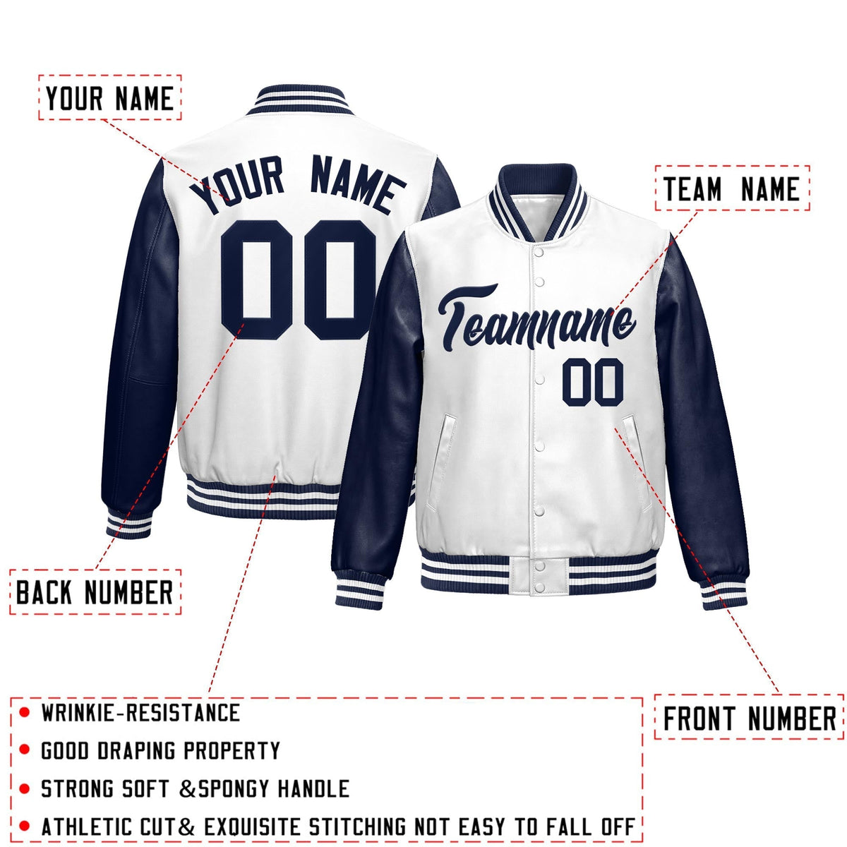 Custom Navy White Raglan Sleeves Full-Snap Varsity Faux Leather Letterman Jacket| KXKSHOP