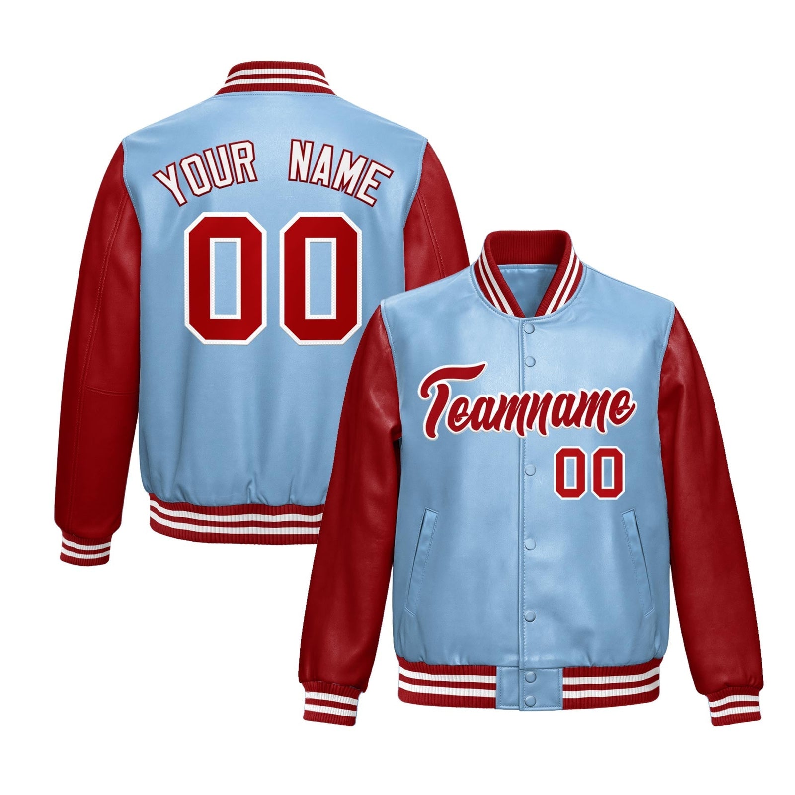 Custom Powder Blue Red Raglan Sleeves Full-Snap Varsity Faux Leather Letterman Jacket| KXKSHOP