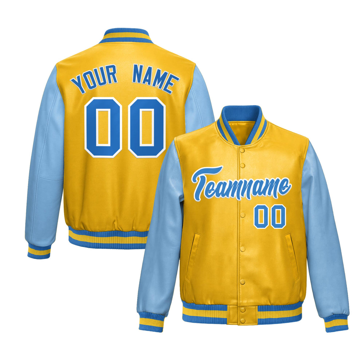 Custom Yellow Powder Blue Raglan Sleeves Full-Snap Varsity Faux Leather Letterman Jacket| KXKSHOP
