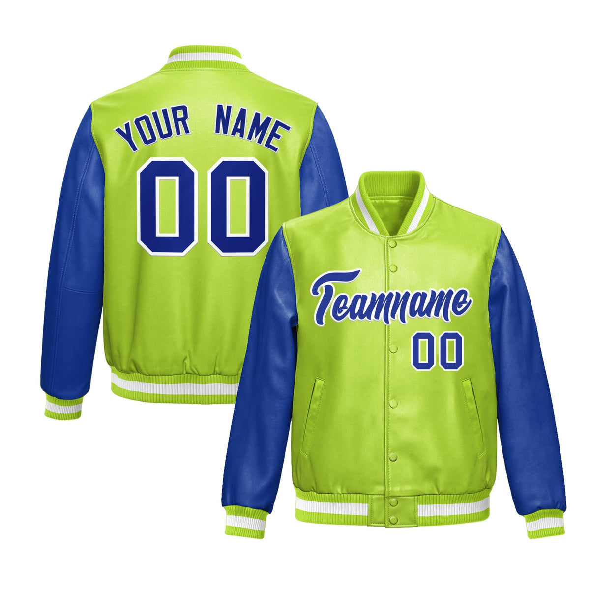 Custom Neon Green Royal Blue Raglan Sleeves Full-Snap Varsity Faux Leather Letterman Jacket| KXKSHOP