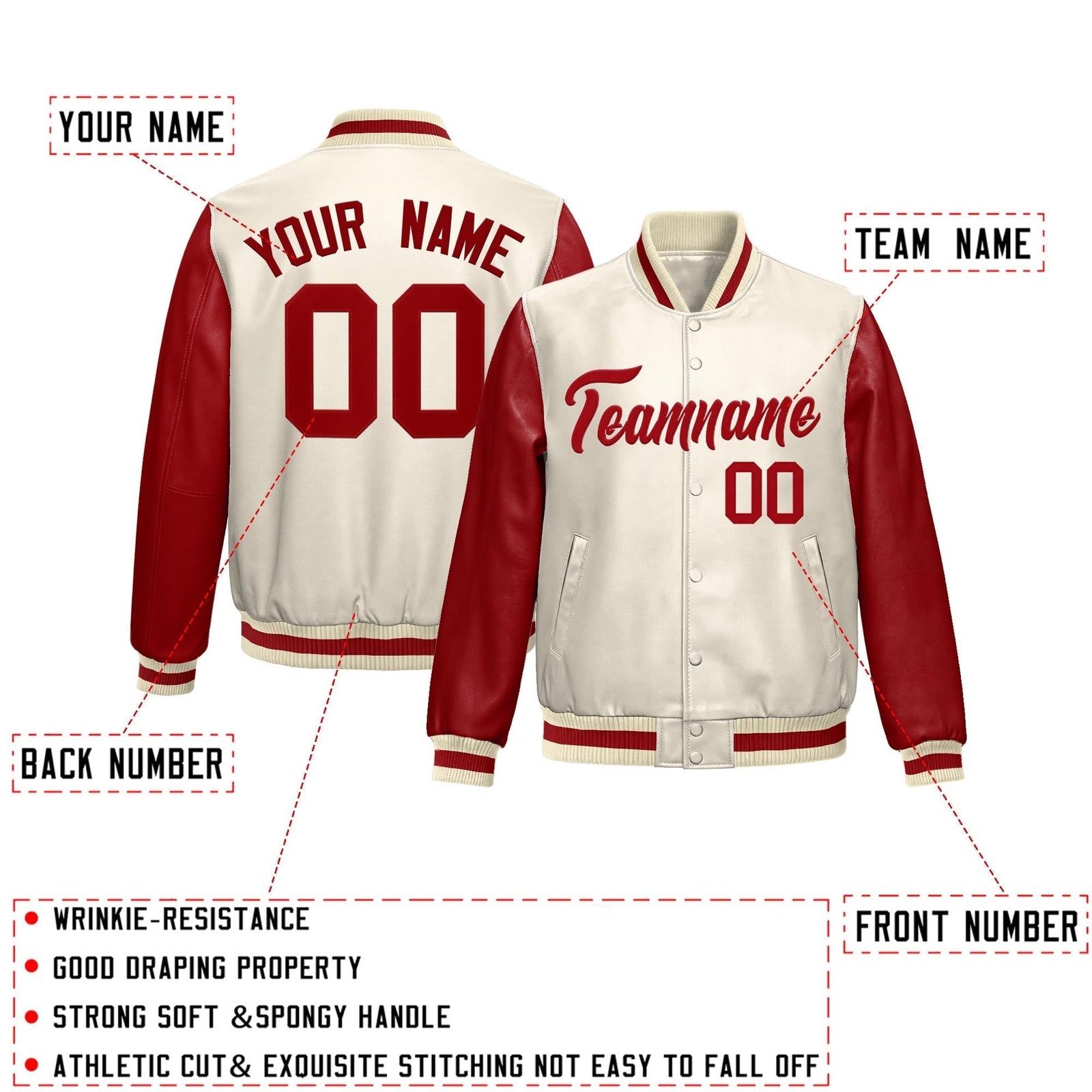 Custom Cream Red Raglan Sleeves Full-Snap Varsity Faux Leather Letterman Jacket| KXKSHOP