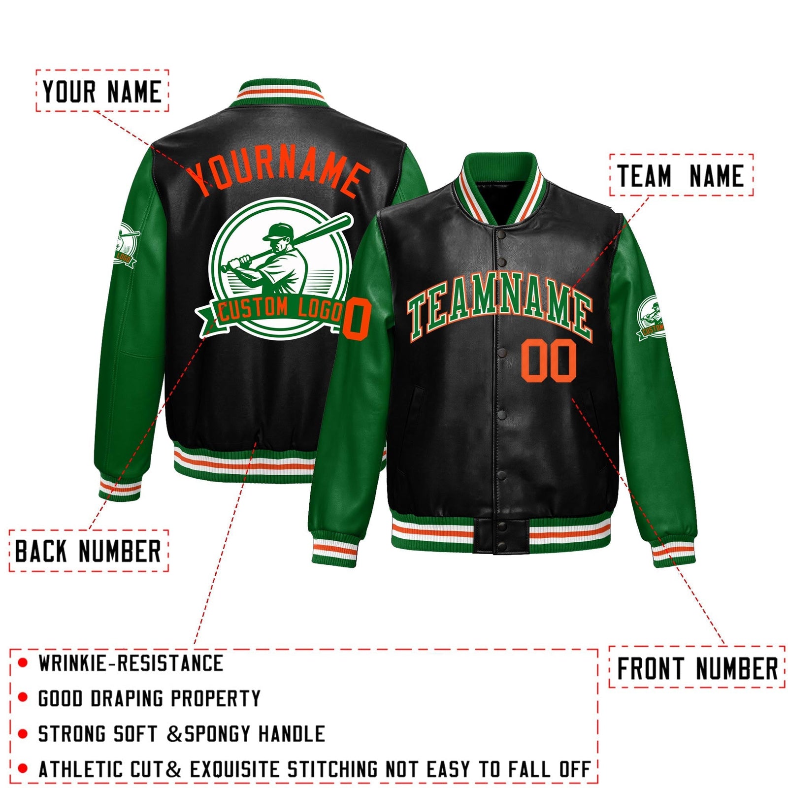 Custom Black Kelly Green Raglan Sleeves Full-Snap Faux Leather Letterman Jacket| KXKSHOP