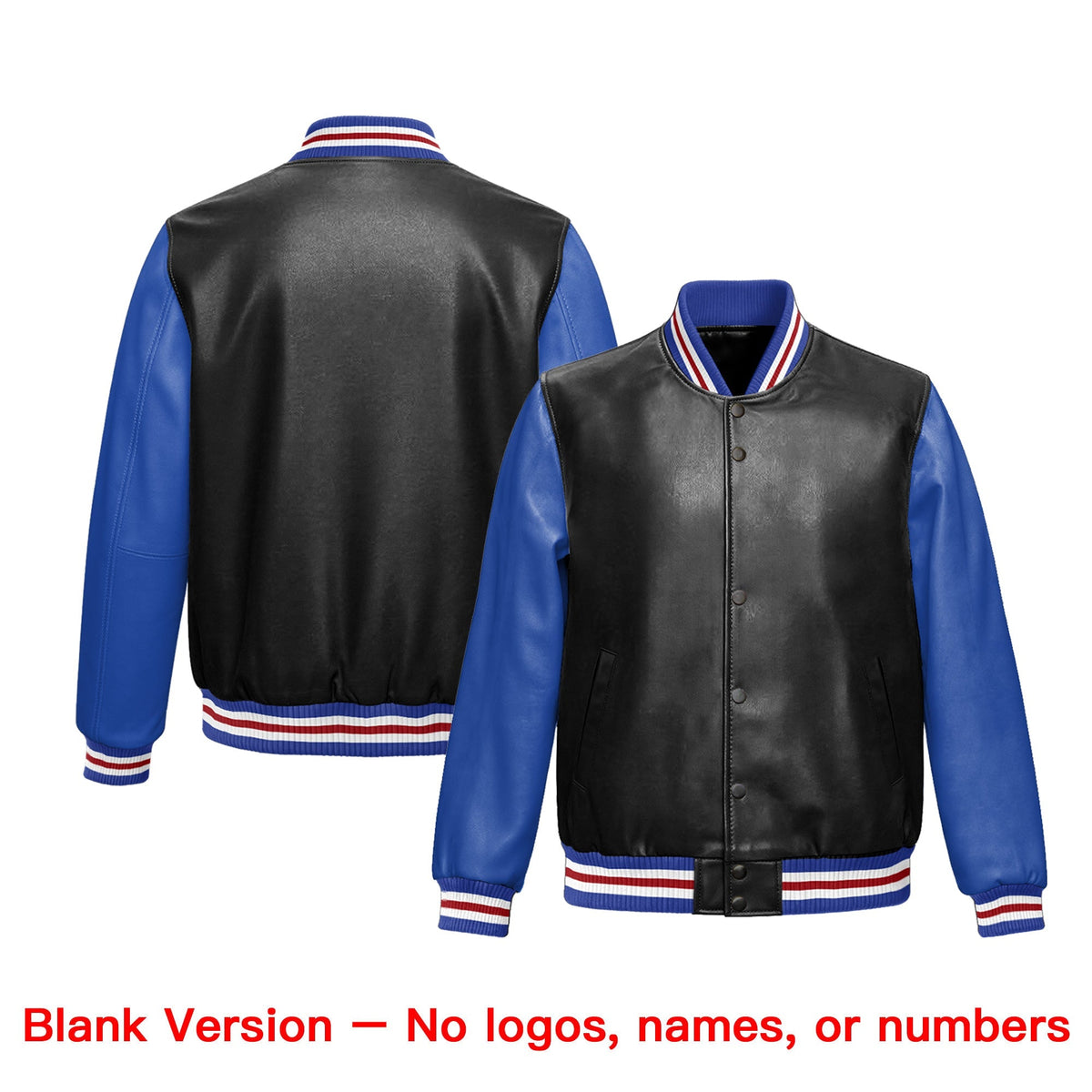 Custom Black Royal Blue Raglan Sleeves Full-Snap Faux Leather Letterman Jacket| KXKSHOP