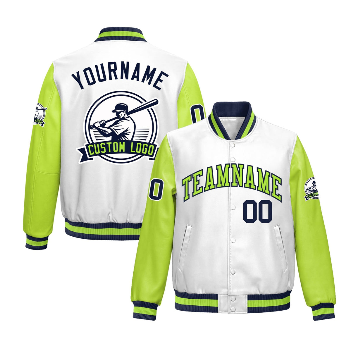 Custom Neon Green Navy Raglan Sleeves Full-Snap Faux Leather Letterman Jacket| KXKSHOP