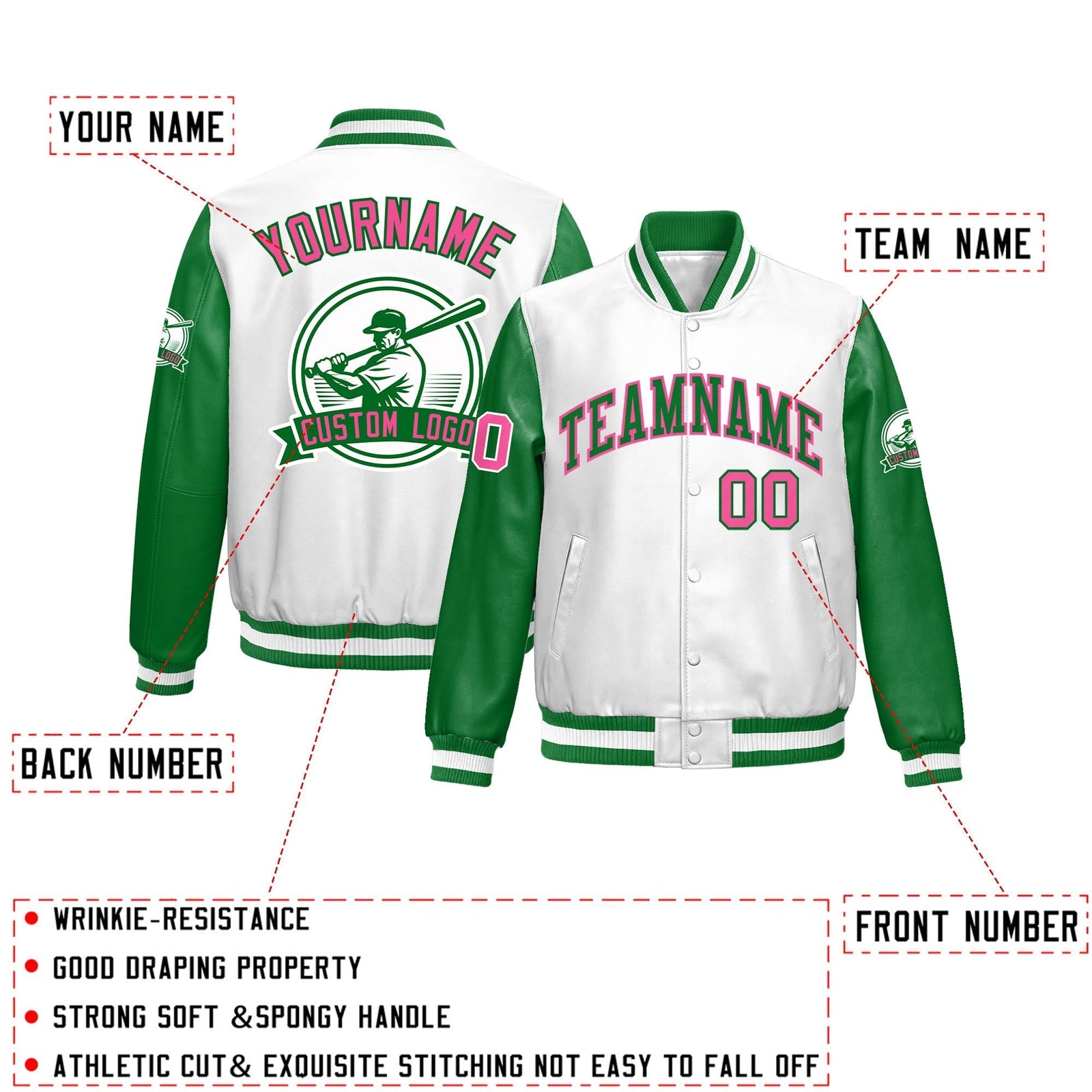 Custom Kelly Green White Raglan Sleeves Full-Snap Faux Leather Letterman Jacket| KXKSHOP