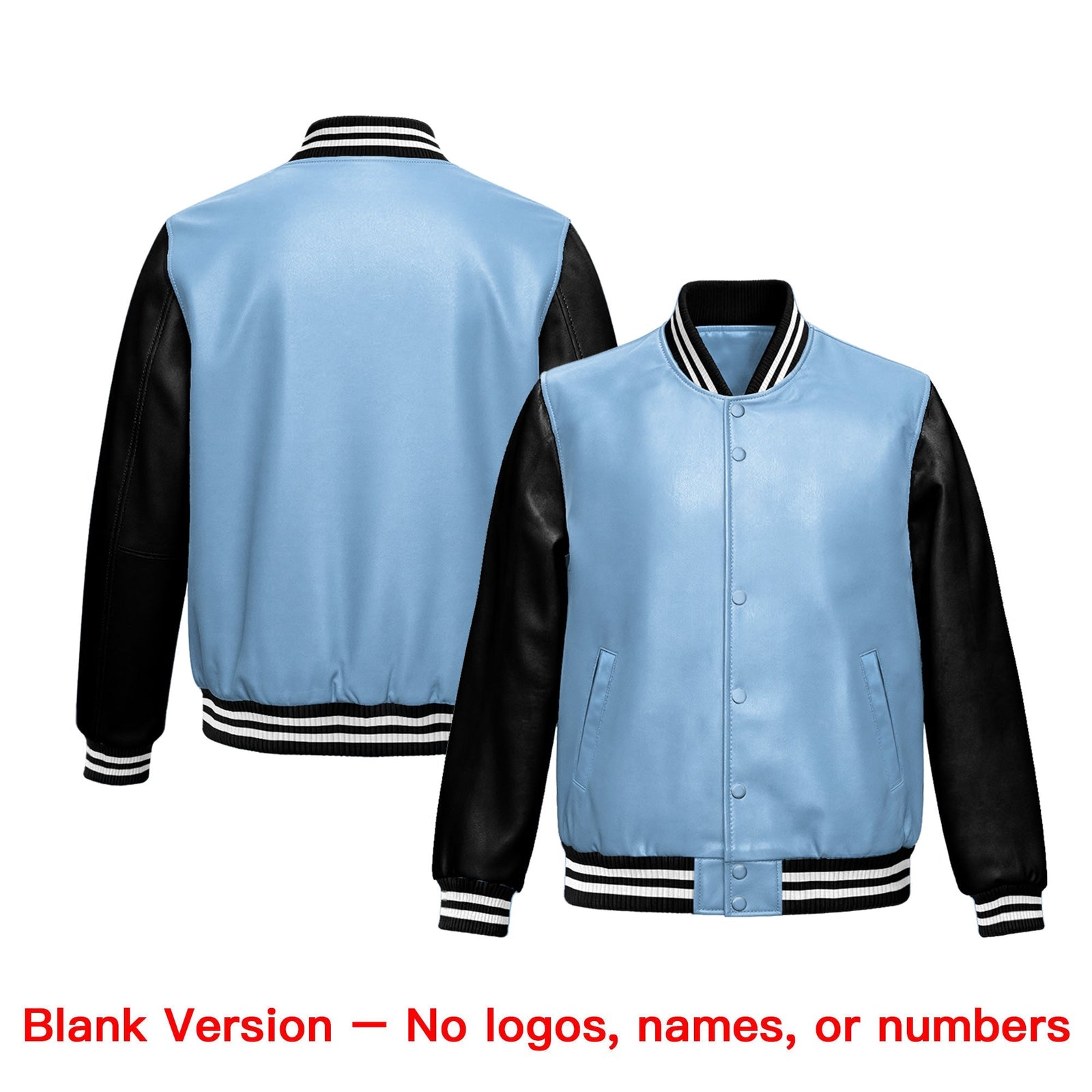 Custom Powder Blue Black Raglan Sleeves Full-Snap Faux Leather Letterman Jacket| KXKSHOP