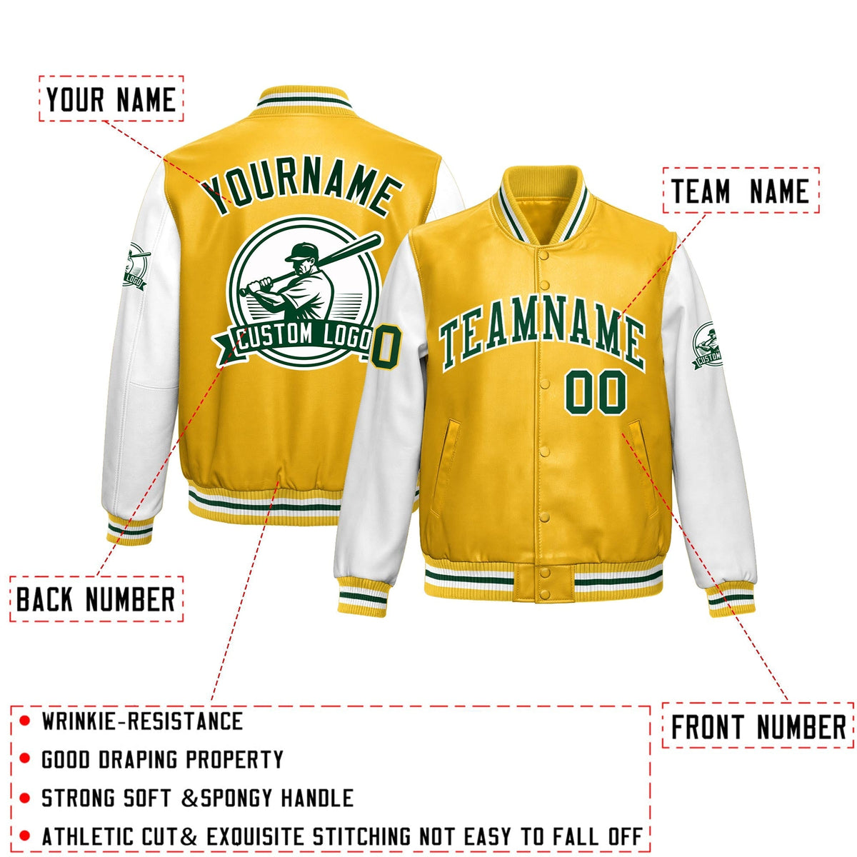 Custom Yellow White Raglan Sleeves Full-Snap Faux Leather Letterman Jacket| KXKSHOP