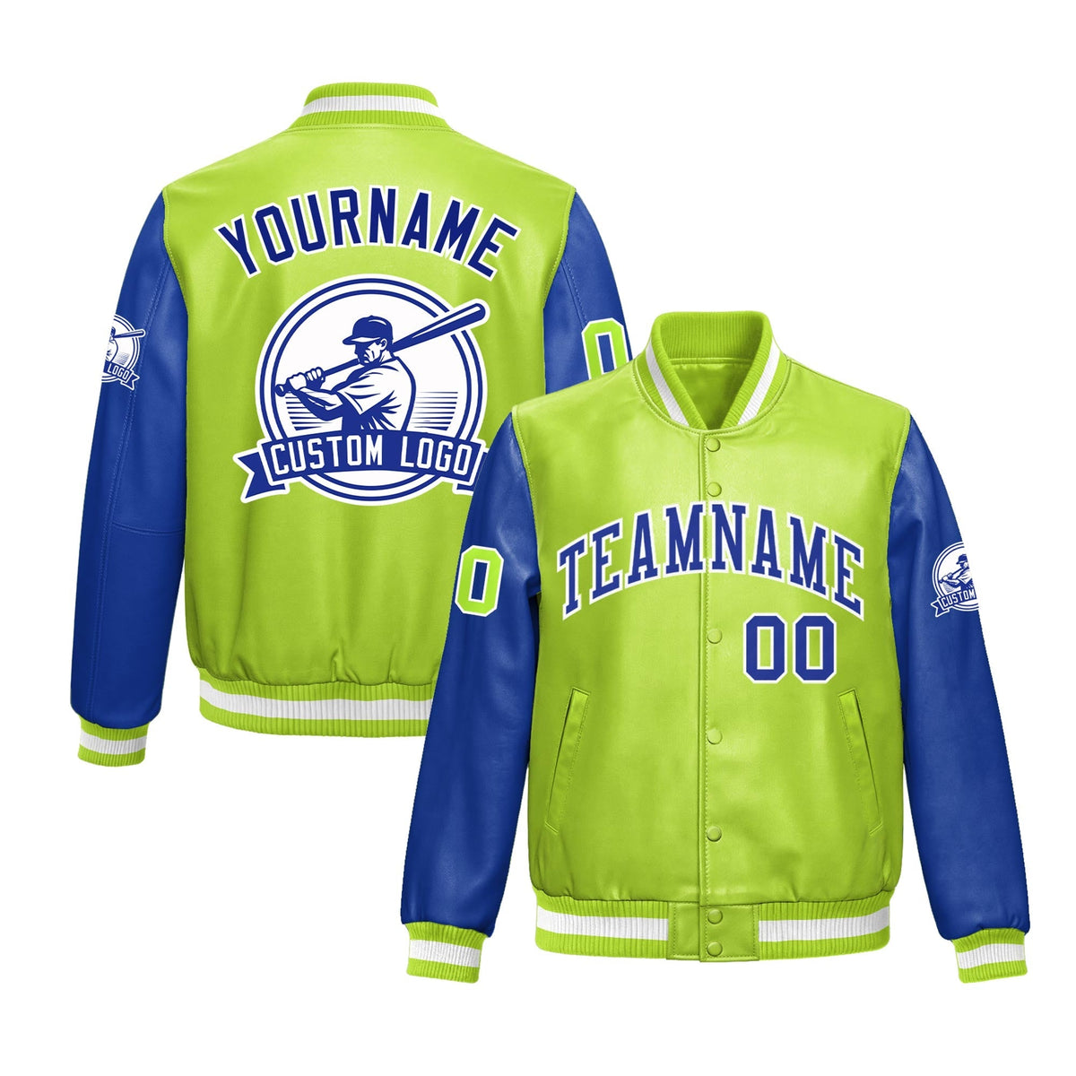 Custom Neon Green Royal Blue Raglan Sleeves Full-Snap Faux Leather Letterman Jacket| KXKSHOP