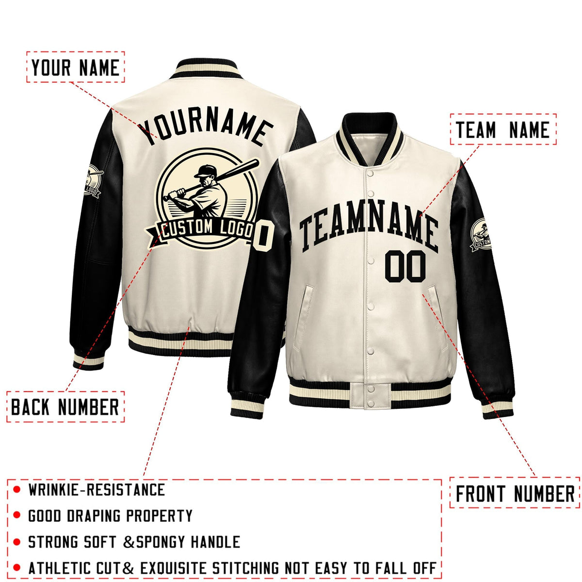 Custom Cream Black Raglan Sleeves Full-Snap Faux Leather Letterman Jacket| KXKSHOP