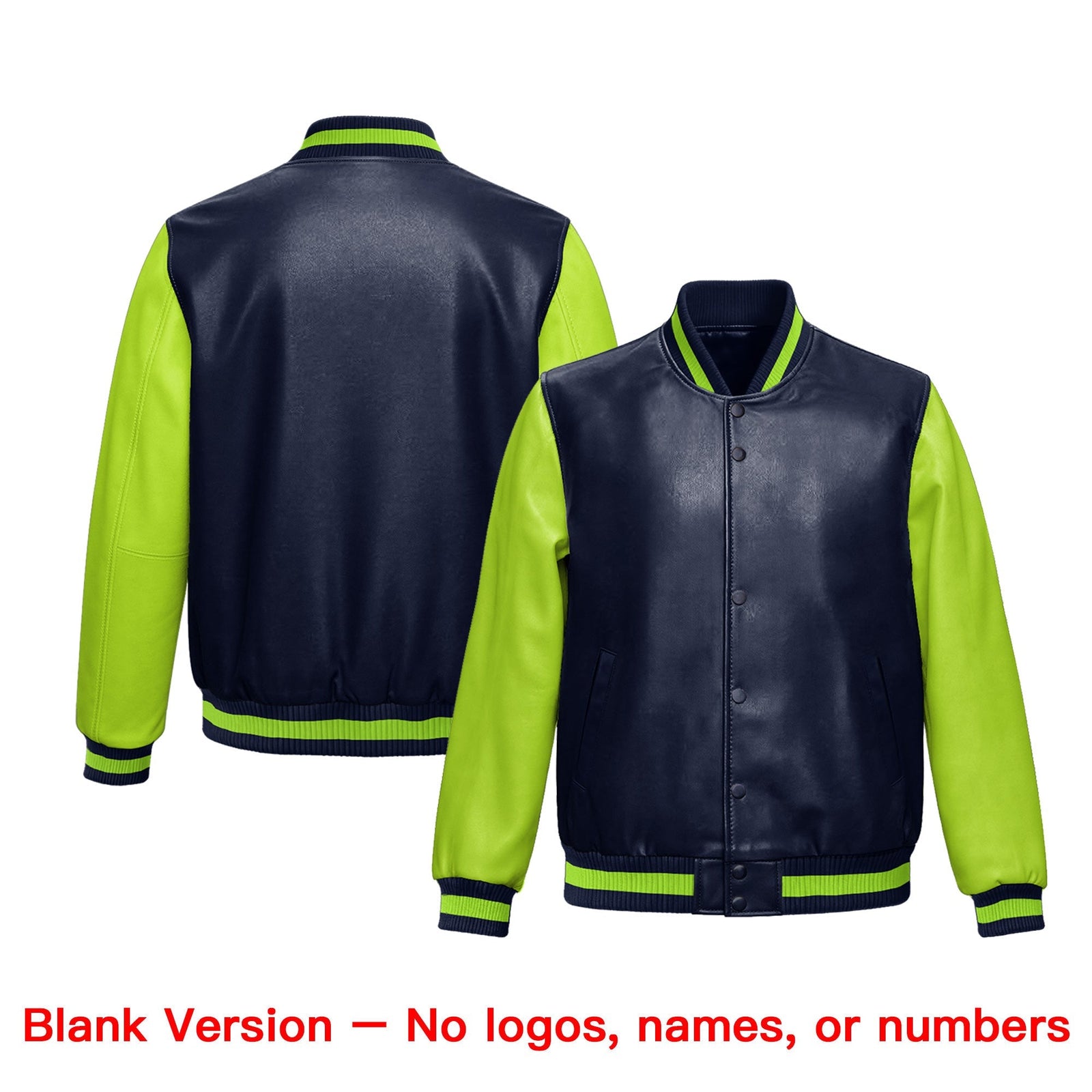 Custom Navy Neon Green Raglan Sleeves Full-Snap Faux Leather Letterman Jacket| KXKSHOP