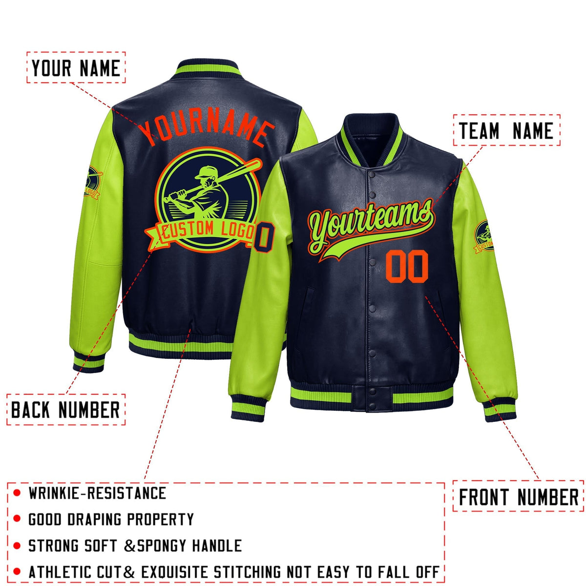 Custom Navy Neon Green Raglan Sleeves Full-Snap Faux Leather Letterman Jacket| KXKSHOP
