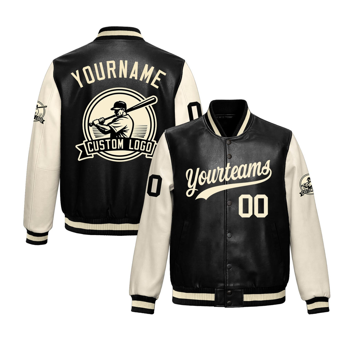Custom Black Cream Raglan Sleeves Full-Snap Faux Leather Letterman Jacket| KXKSHOP
