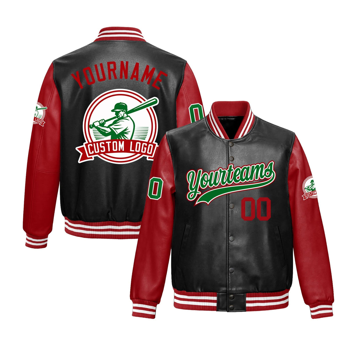 Custom Black Red Raglan Sleeves Full-Snap Faux Leather Letterman Jacket| KXKSHOP