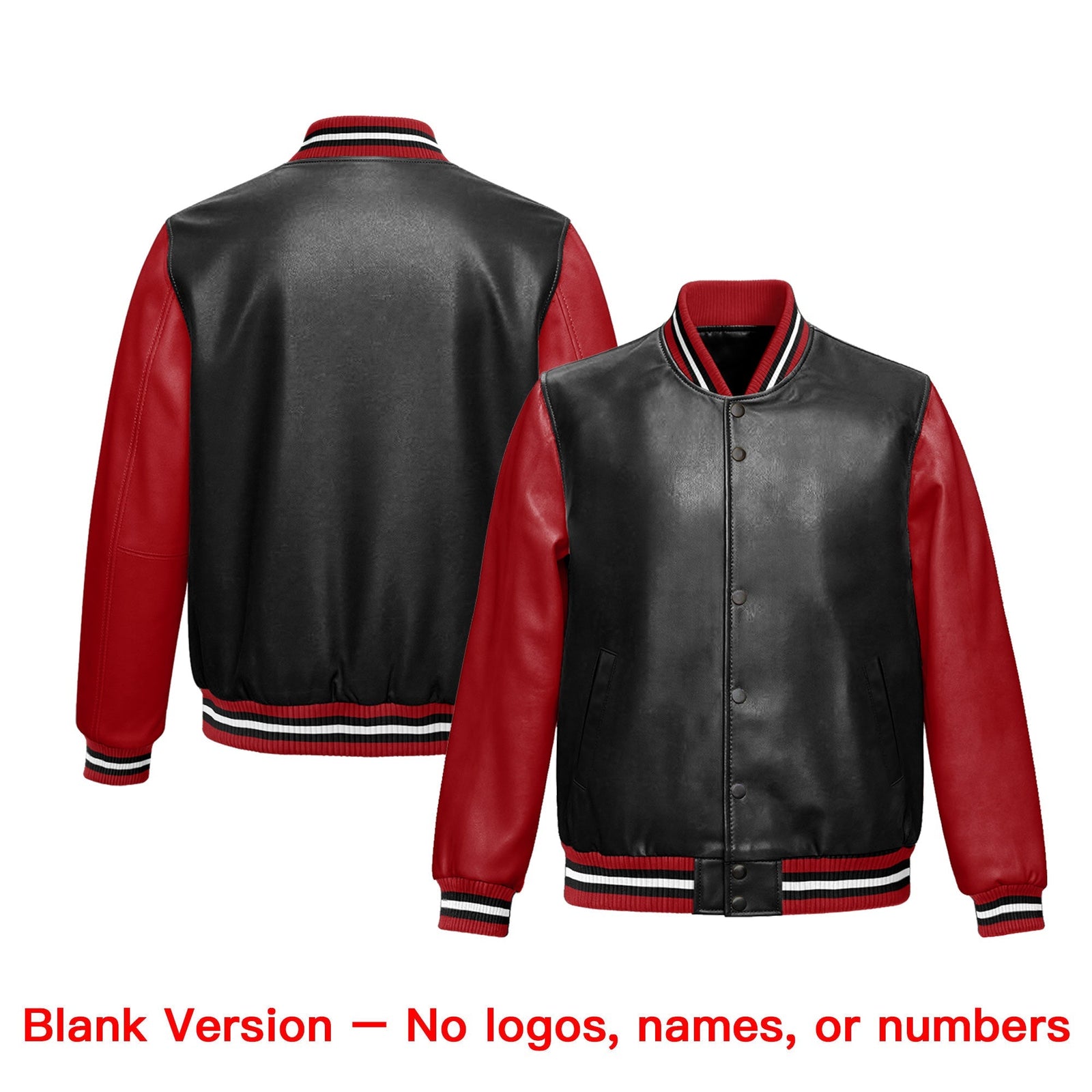 Custom Black Red Raglan Sleeves Full-Snap Faux Leather Letterman Jacket| KXKSHOP