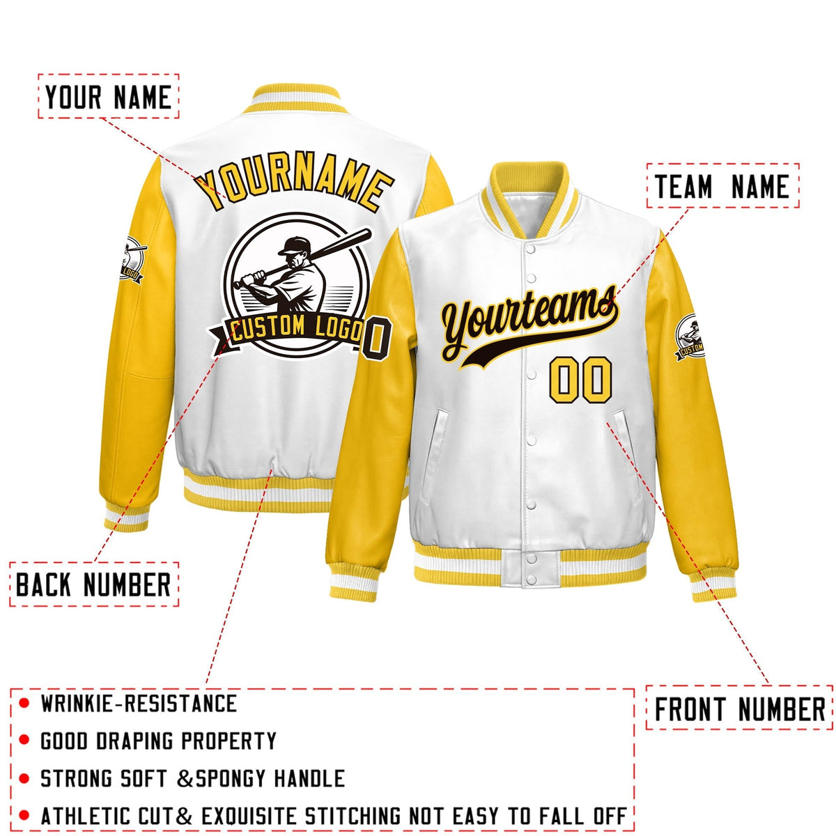 Custom Yellow Gold Raglan Sleeves Full-Snap Faux Leather Letterman Jacket| KXKSHOP