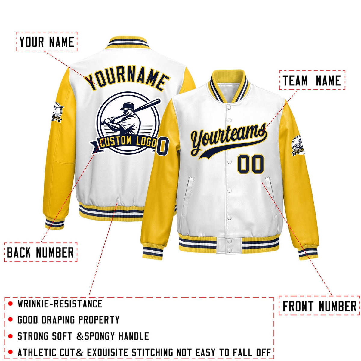 Custom Yellow White Raglan Sleeves Full-Snap Faux Leather Letterman Jacket| KXKSHOP
