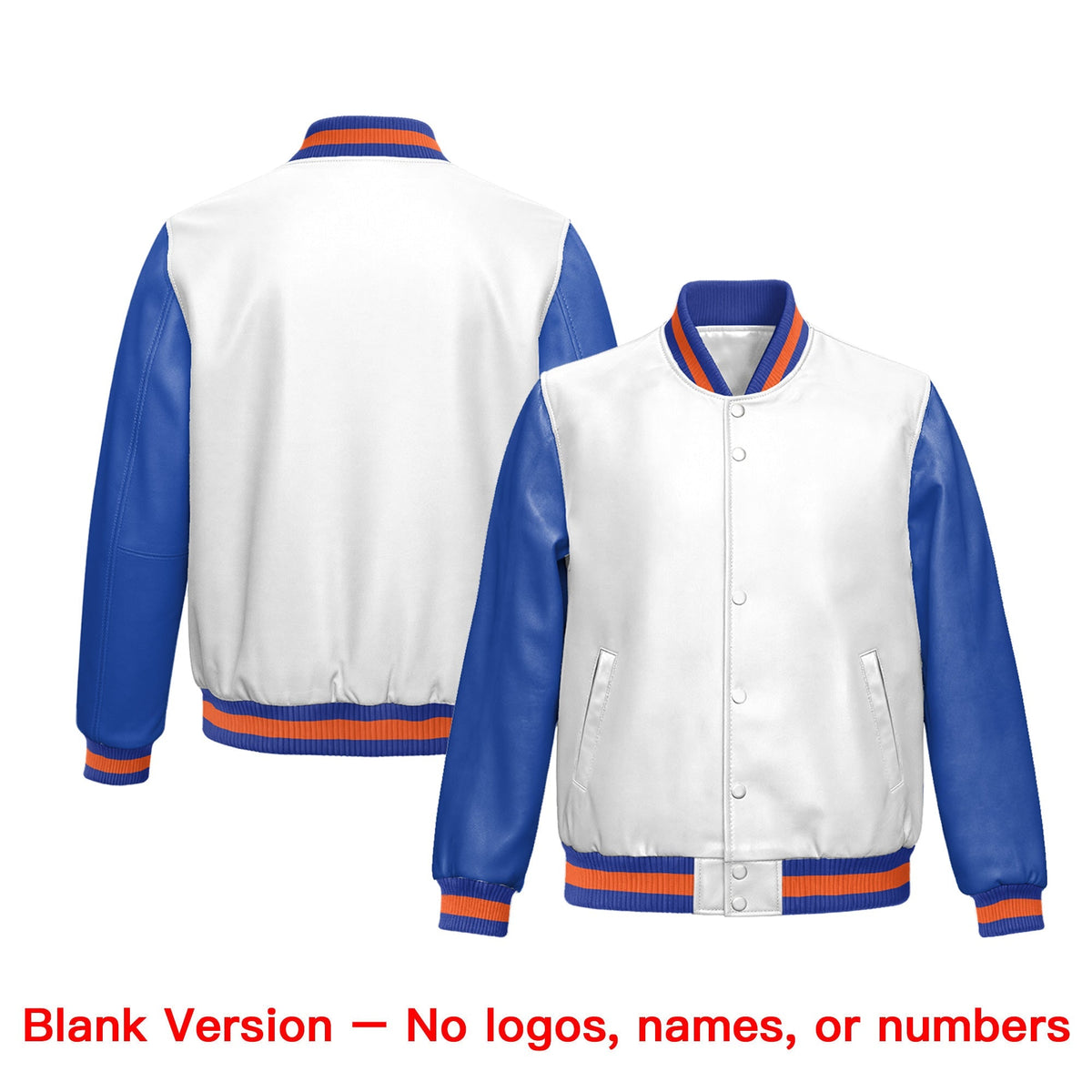Custom Royal Blue Orange Raglan Sleeves Full-Snap Faux Leather Letterman Jacket| KXKSHOP