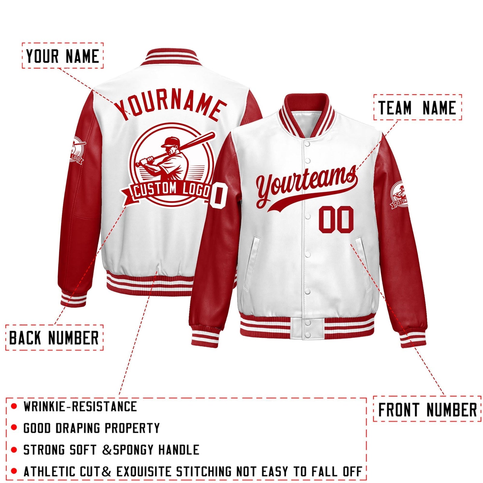 Custom Red White Raglan Sleeves Full-Snap Faux Leather Letterman Jacket| KXKSHOP