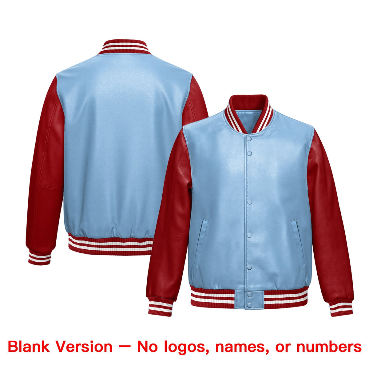 Custom Powder Blue Red Raglan Sleeves Full-Snap Faux Leather Letterman Jacket| KXKSHOP