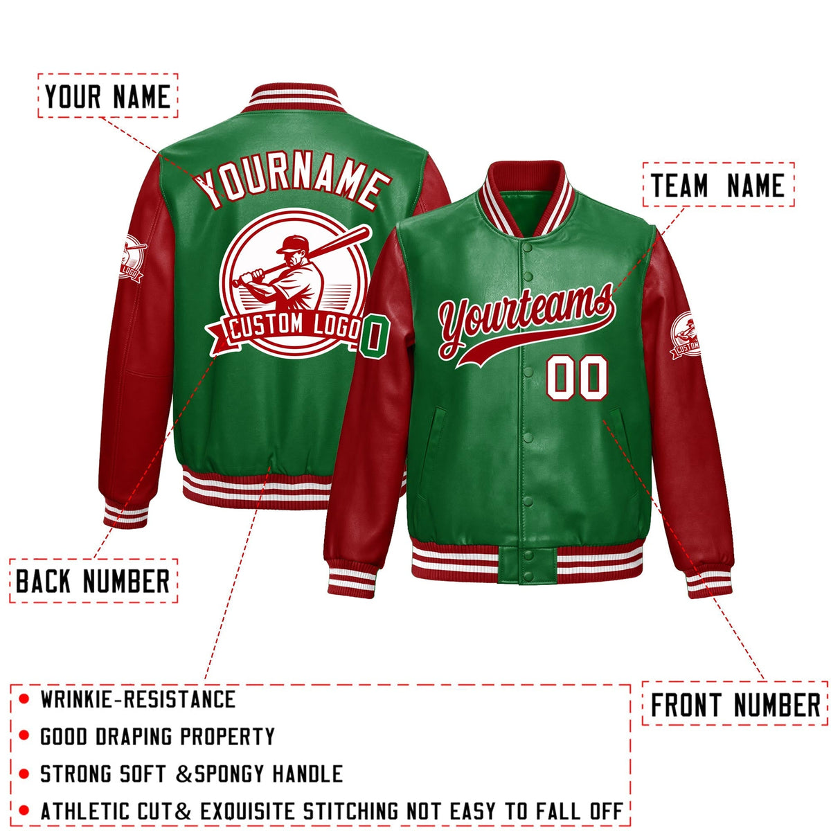 Custom Kelly Green Red Raglan Sleeves Full-Snap Faux Leather Letterman Jacket| KXKSHOP