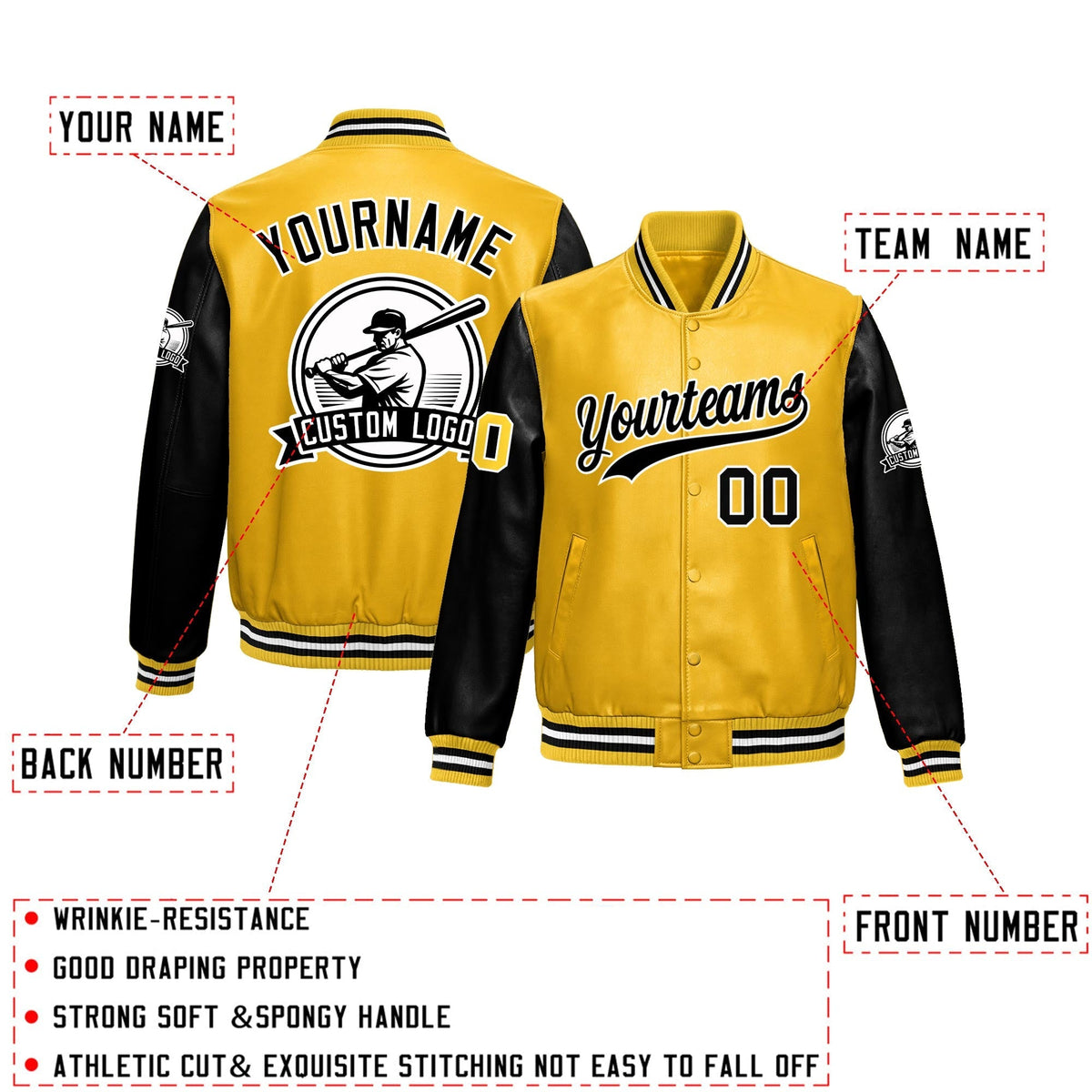 Custom Yellow Black Raglan Sleeves Full-Snap Faux Leather Letterman Jacket| KXKSHOP