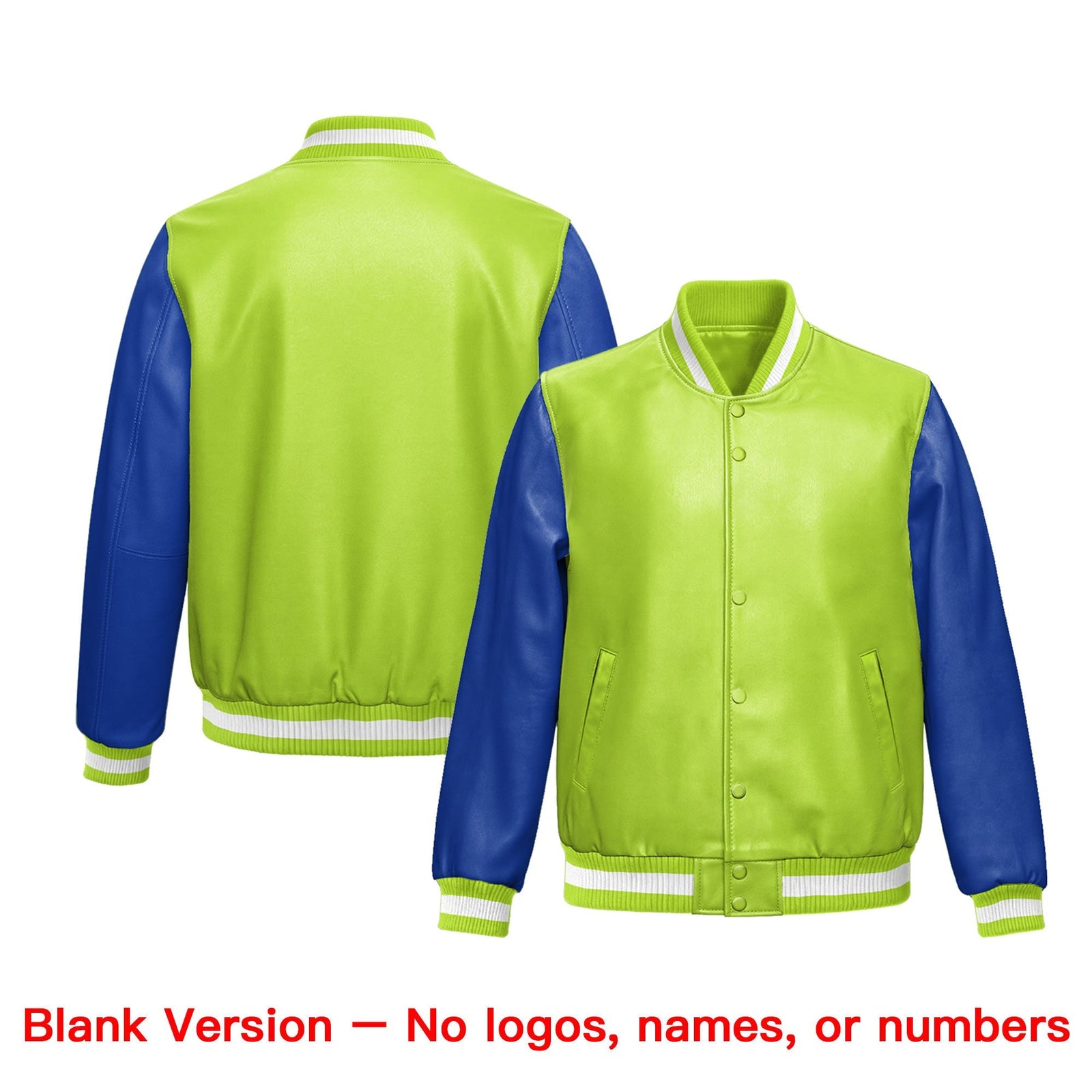 Custom Neon Green Royal Blue Raglan Sleeves Full-Snap Faux Leather Letterman Jacket| KXKSHOP