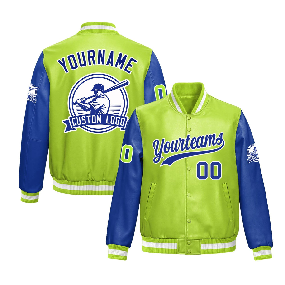Custom Neon Green Royal Blue Raglan Sleeves Full-Snap Faux Leather Letterman Jacket| KXKSHOP