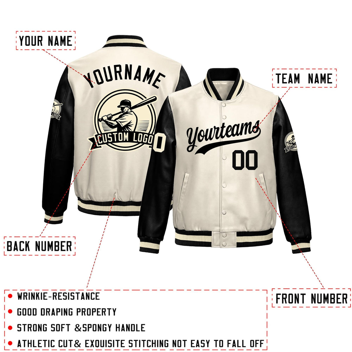 Custom Cream Black Raglan Sleeves Full-Snap Faux Leather Letterman Jacket| KXKSHOP