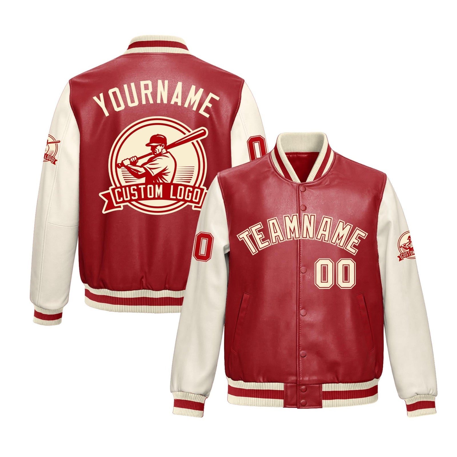 Custom Cream Red Raglan Sleeves Full-Snap Faux Leather Letterman Jacket| KXKSHOP